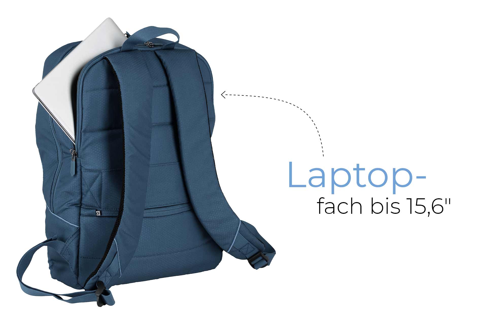 Blauer Rucksack mit Laptopfach für Geräte bis 15,6 Zoll Ein blauer Rucksack mit integriertem Laptopfach, das für Laptops bis 15,6 Zoll geeignet ist. Das Bild zeigt einen Laptop, der teilweise aus dem Fach herausragt.