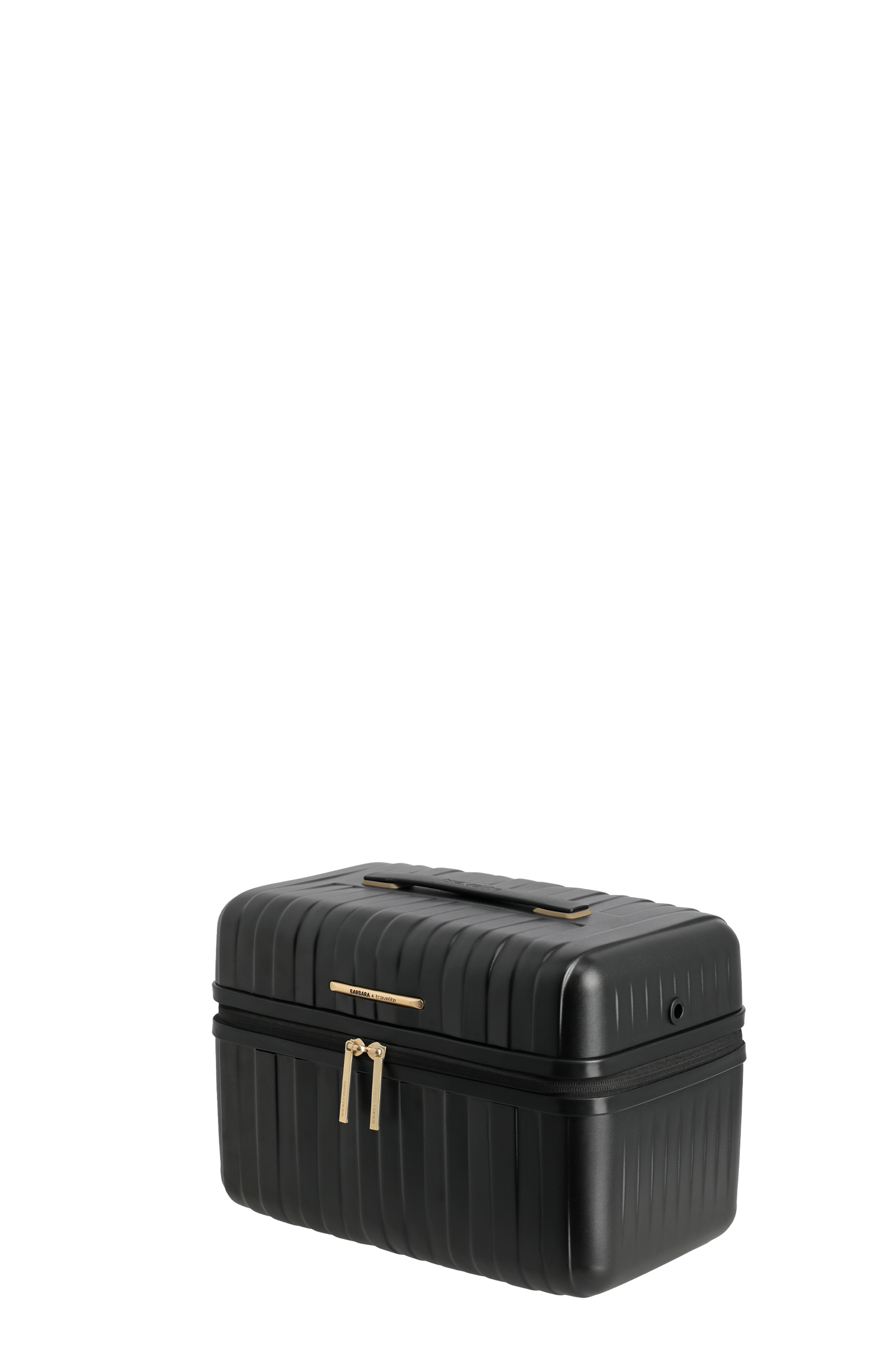 Eleganter schwarzer Beauty Case Hartschalenkoffer mit goldenen Details und Tragegriff