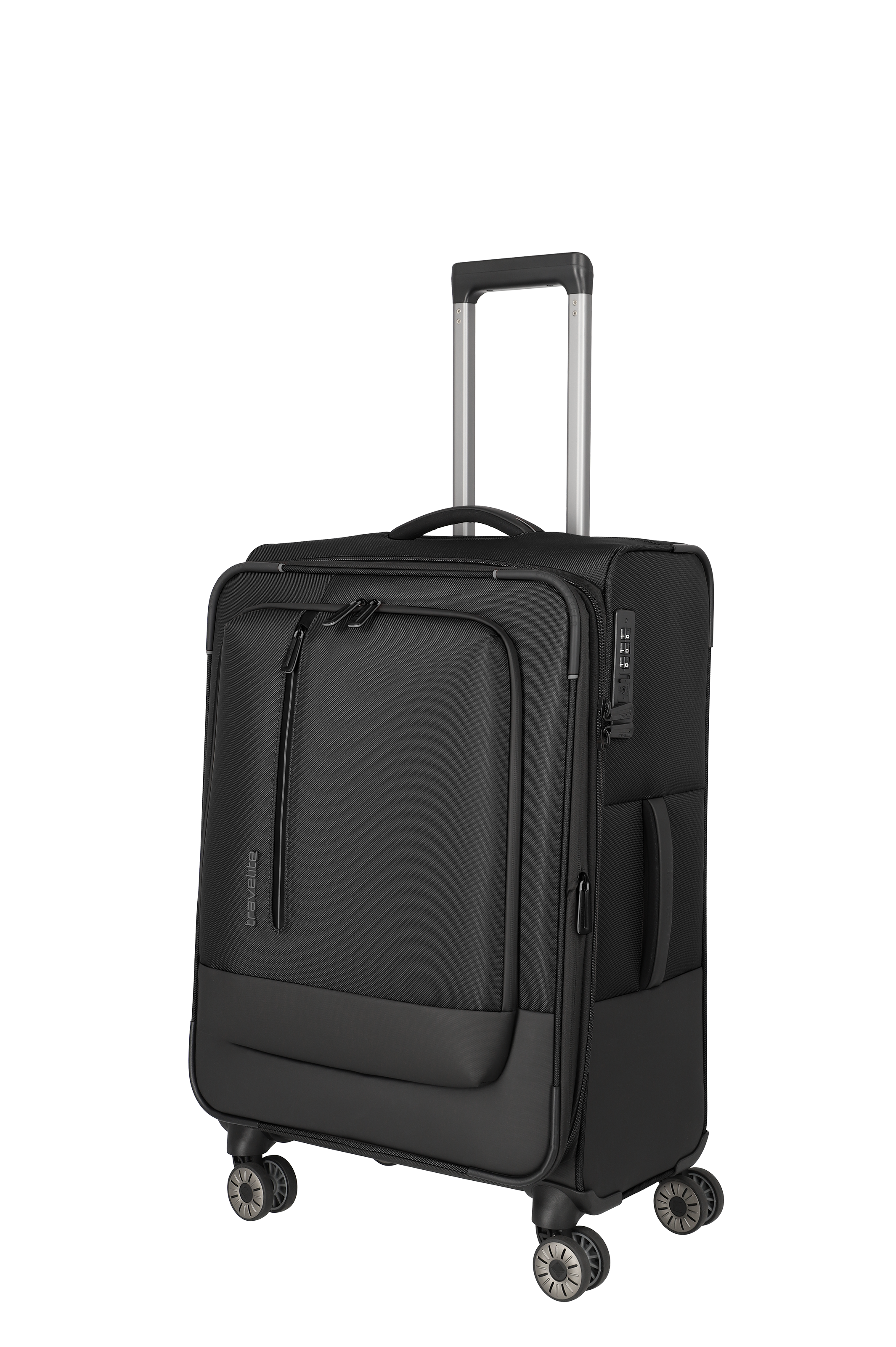 Schwarzer Trolley-Koffer mit vier Rollen und ausziehbarem Griff, ideal als Handgepäck für Reisen