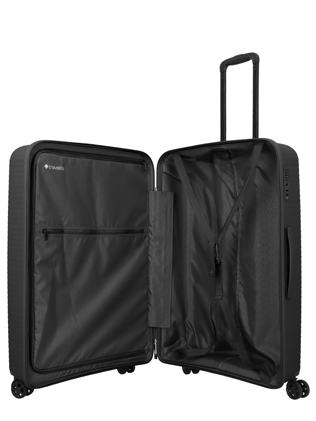 Großer schwarzer Hartschalenkoffer geöffnet mit Innenfächern und Spanngurten