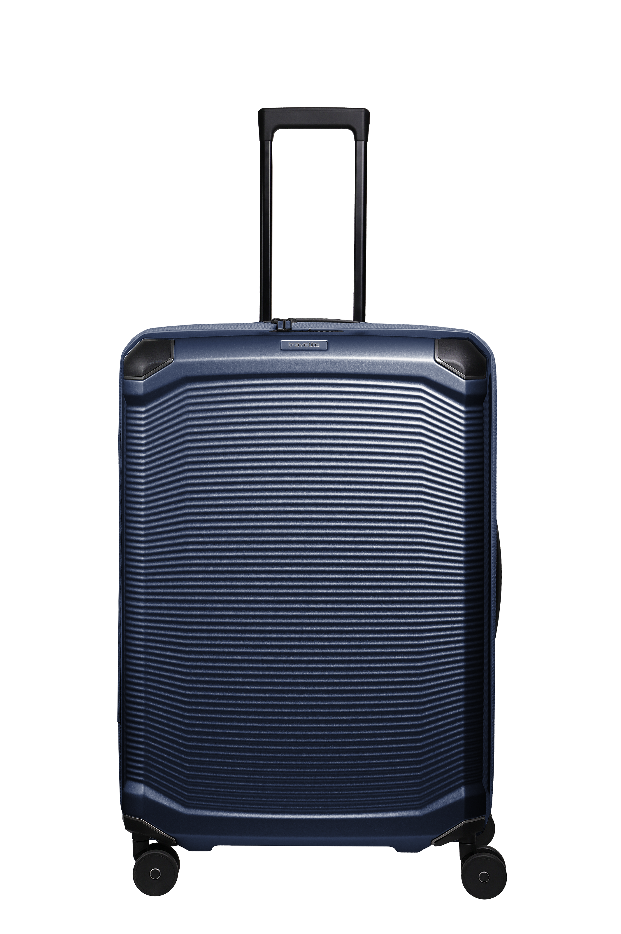 TRAVELITE Trolley L en azul con asa telescópica y cuatro ruedas. La superficie de la maleta presenta un fino dibujo de ranuras horizontales. Las esquinas llevan refuerzos negros.