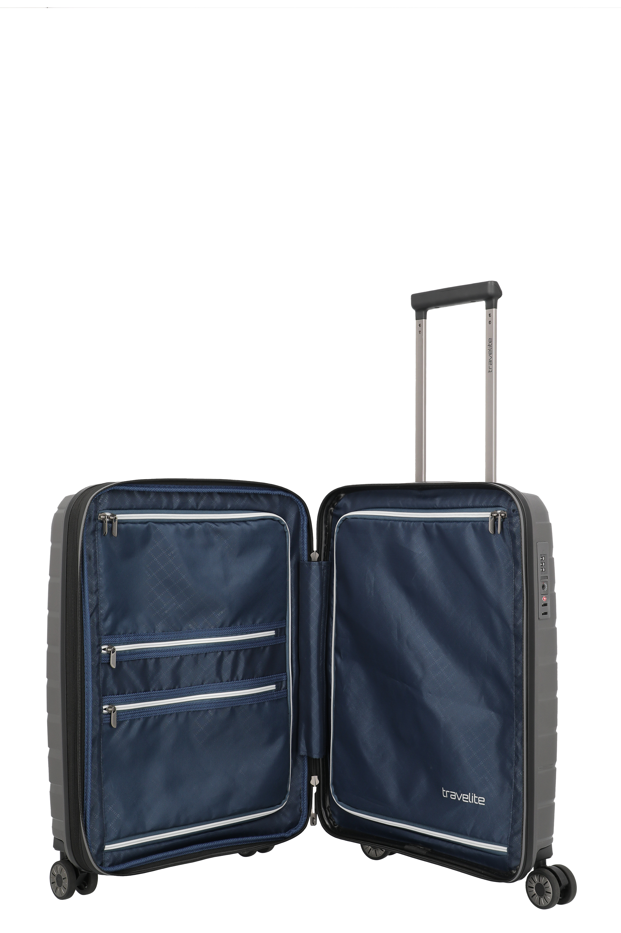 Geöffneter Hartschalenkoffer mit blauem Innenfutter und mehreren Reißverschlussfächern von travelite