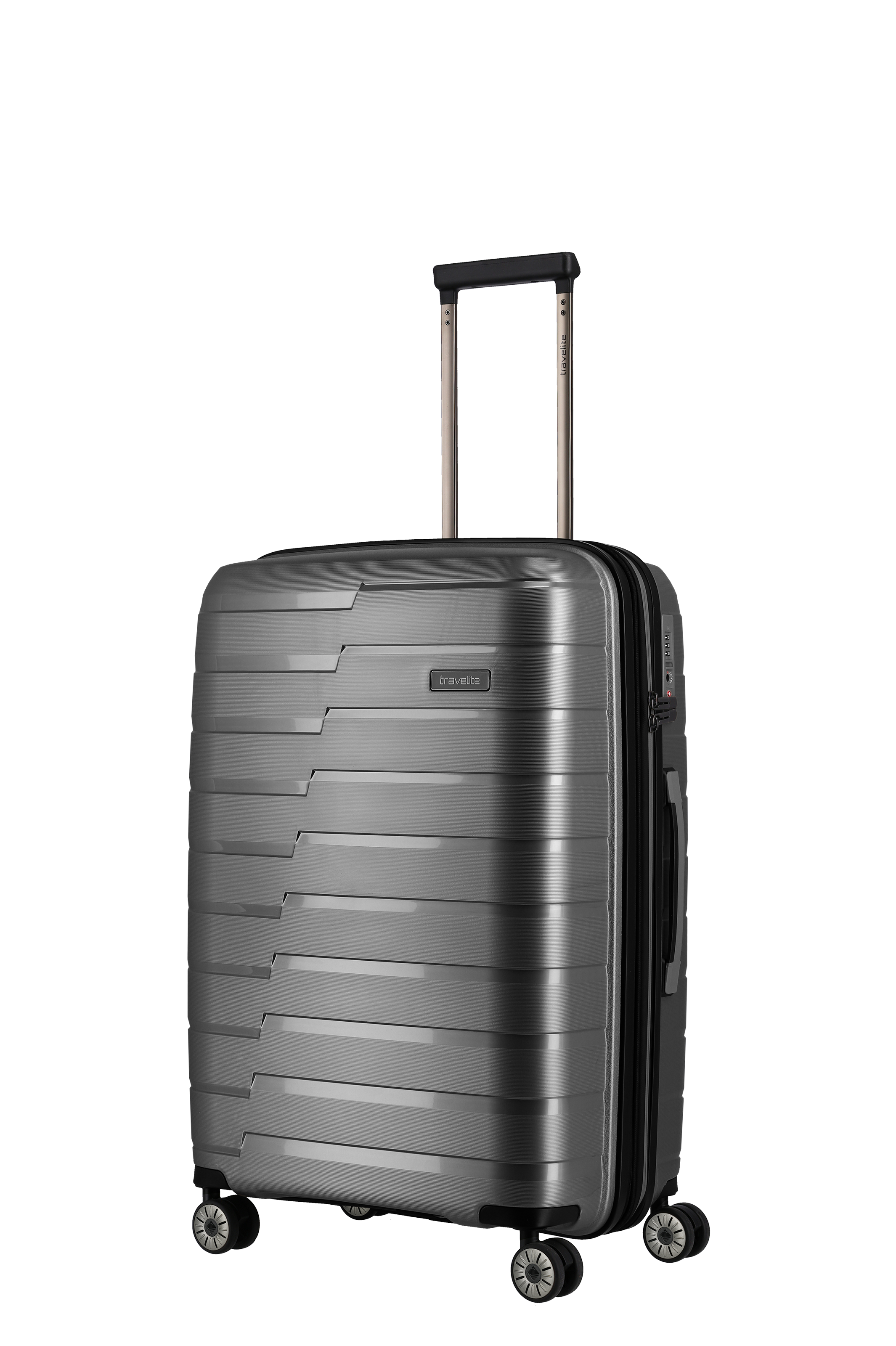 Travelite Hartschalen-Trolley in Anthrazit mit vier Rollen und ausziehbarem Griff