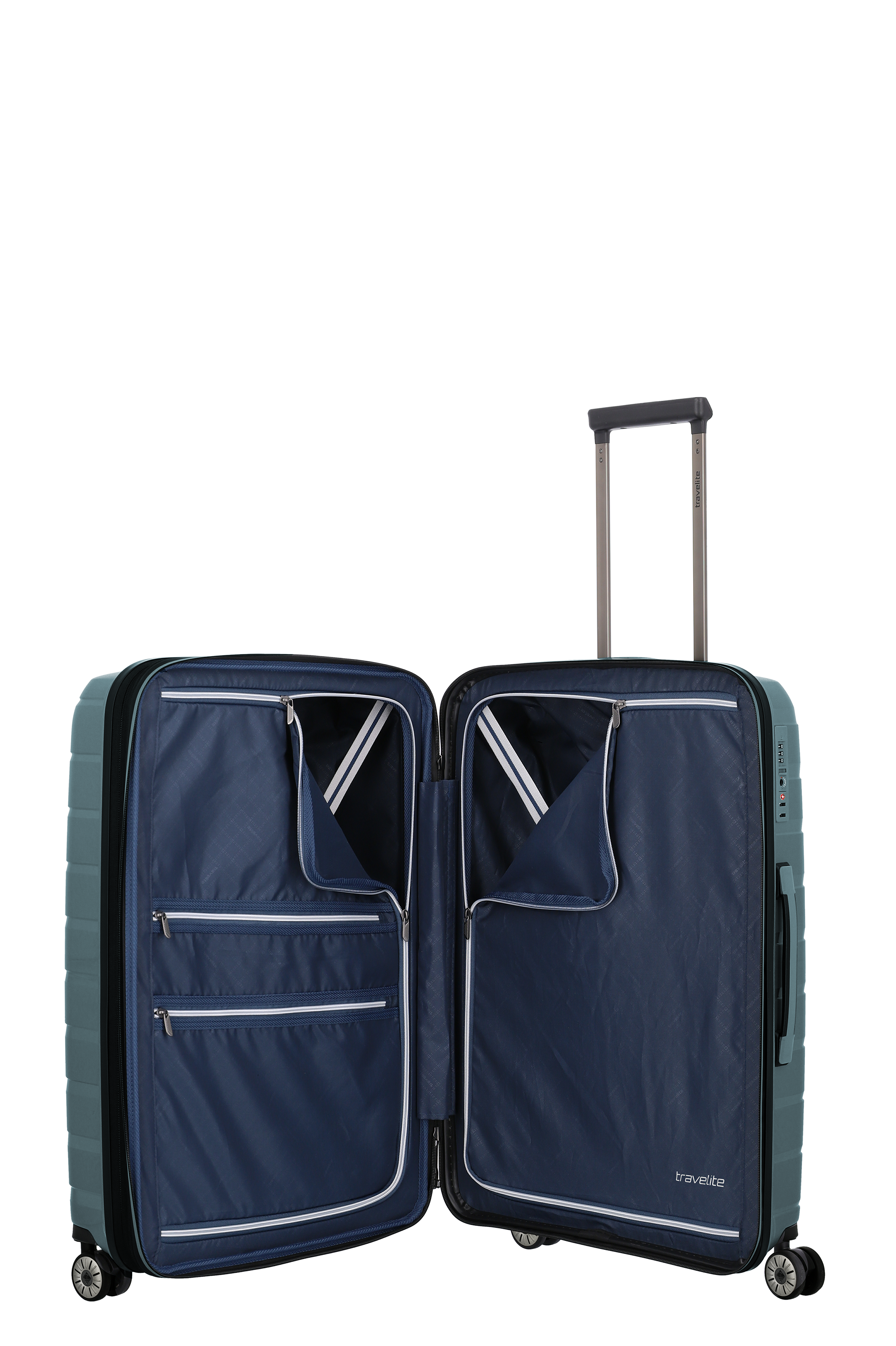 Großer Hartschalenkoffer in Blau mit geöffneter Innenaufteilung und Reißverschlussfächern – ideal für Reisen