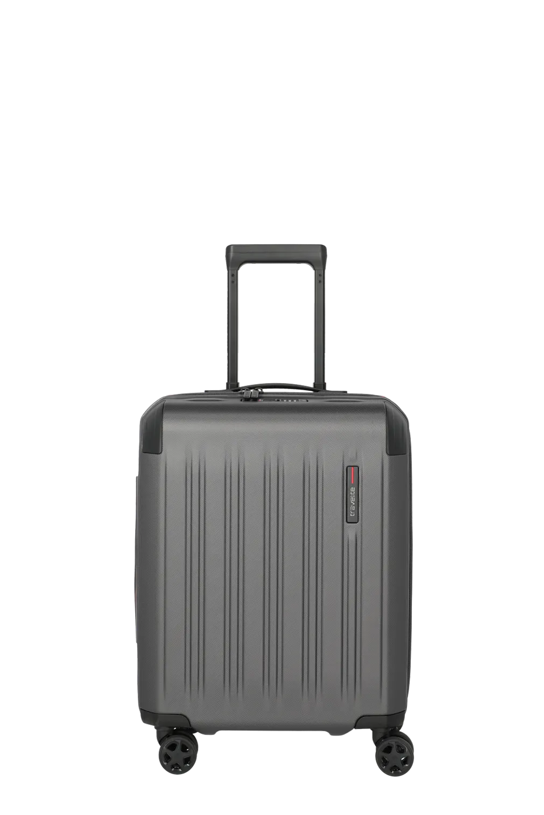 Moderner grauer Hartschalenkoffer mit vier Rollen und Teleskopgriff für komfortables Reisen Grauer Reisekoffer mit Hartschale, vier Rollen und ausziehbarem Griff, ideal als Handgepäck