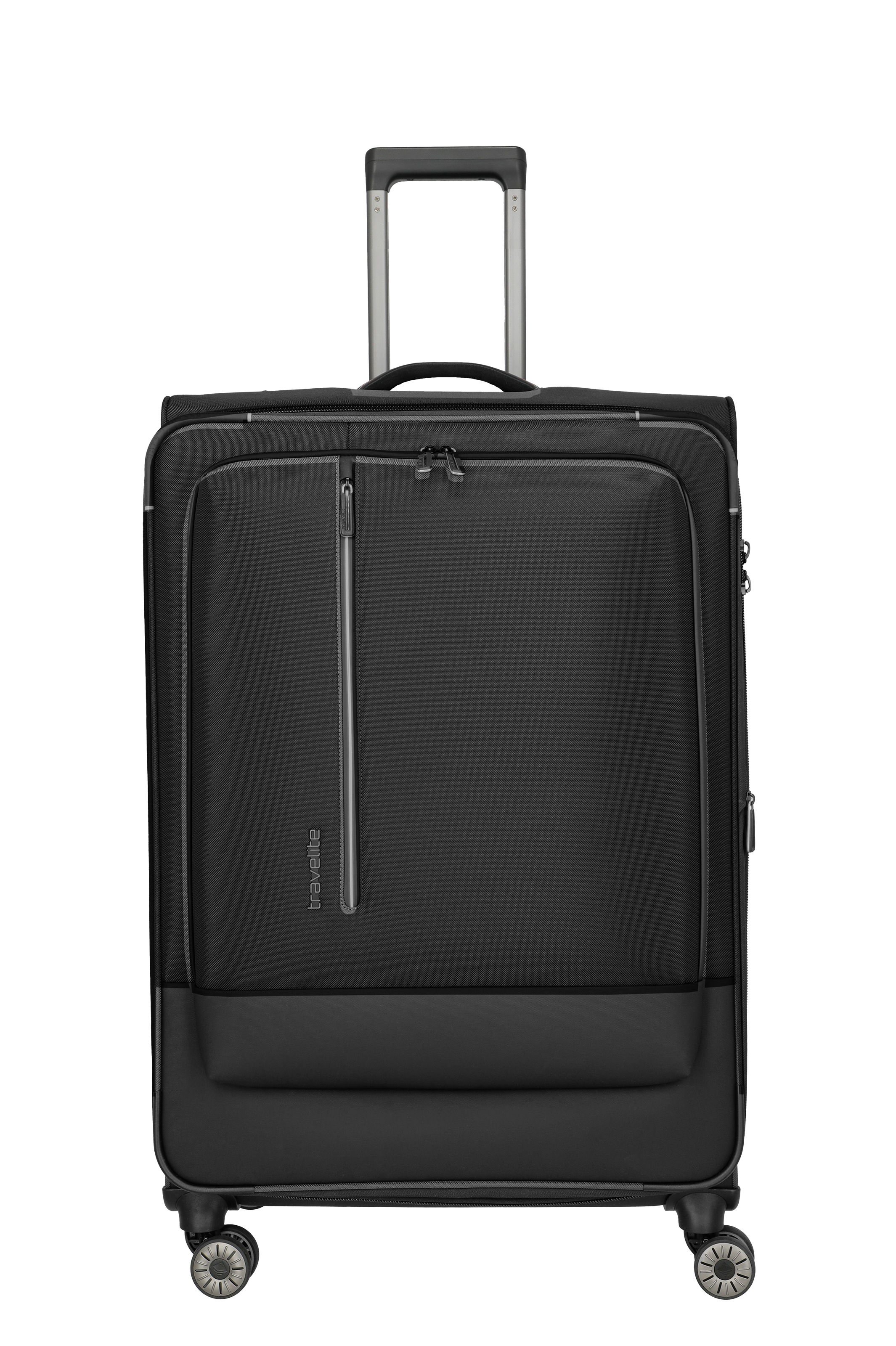 Großer schwarzer Koffer mit vier Rollen und Teleskopgriff von travelite Schwarzer Reise-Trolley mit vier Rollen, Teleskopgriff und Fronttasche von travelite