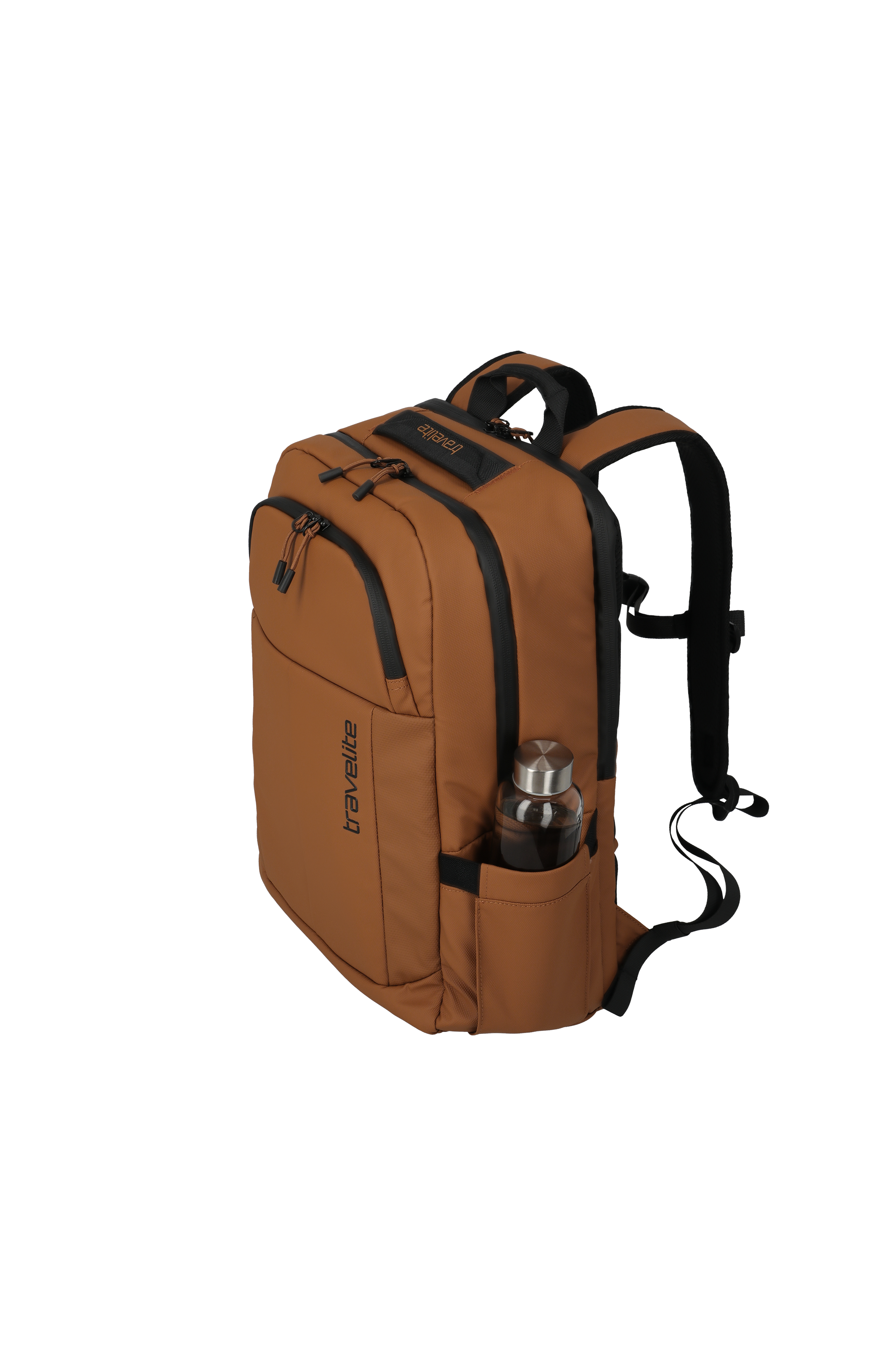 Moderner brauner Rucksack von Travelite mit mehreren Fächern und seitlicher Trinkflaschenhalterung