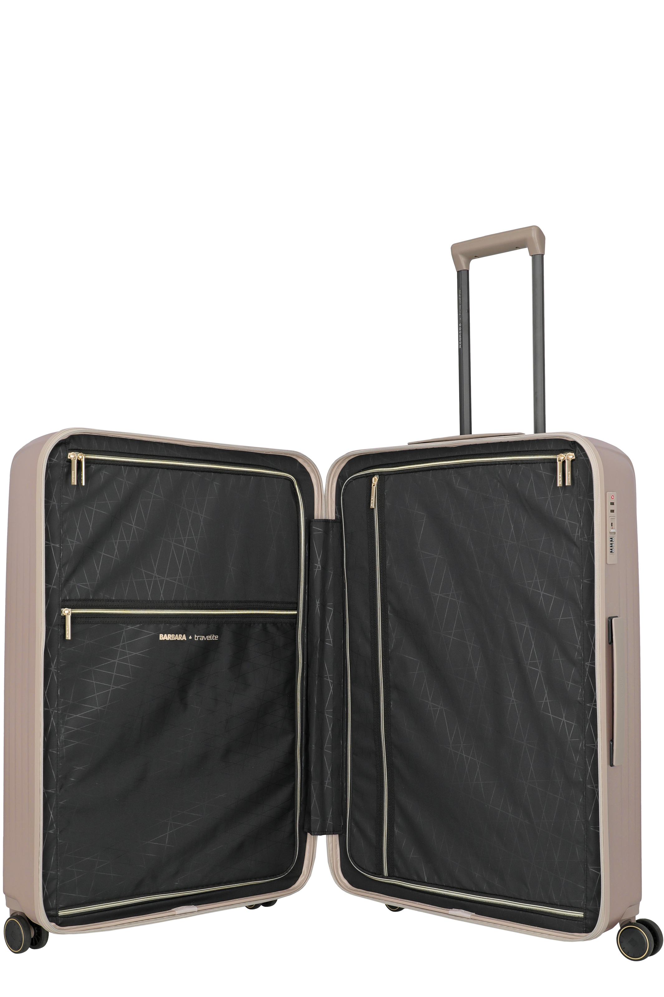 Geöffneter Hartschalenkoffer in Beige mit schwarzen Innenfächern und Reißverschlüssen, ideal für Reisen