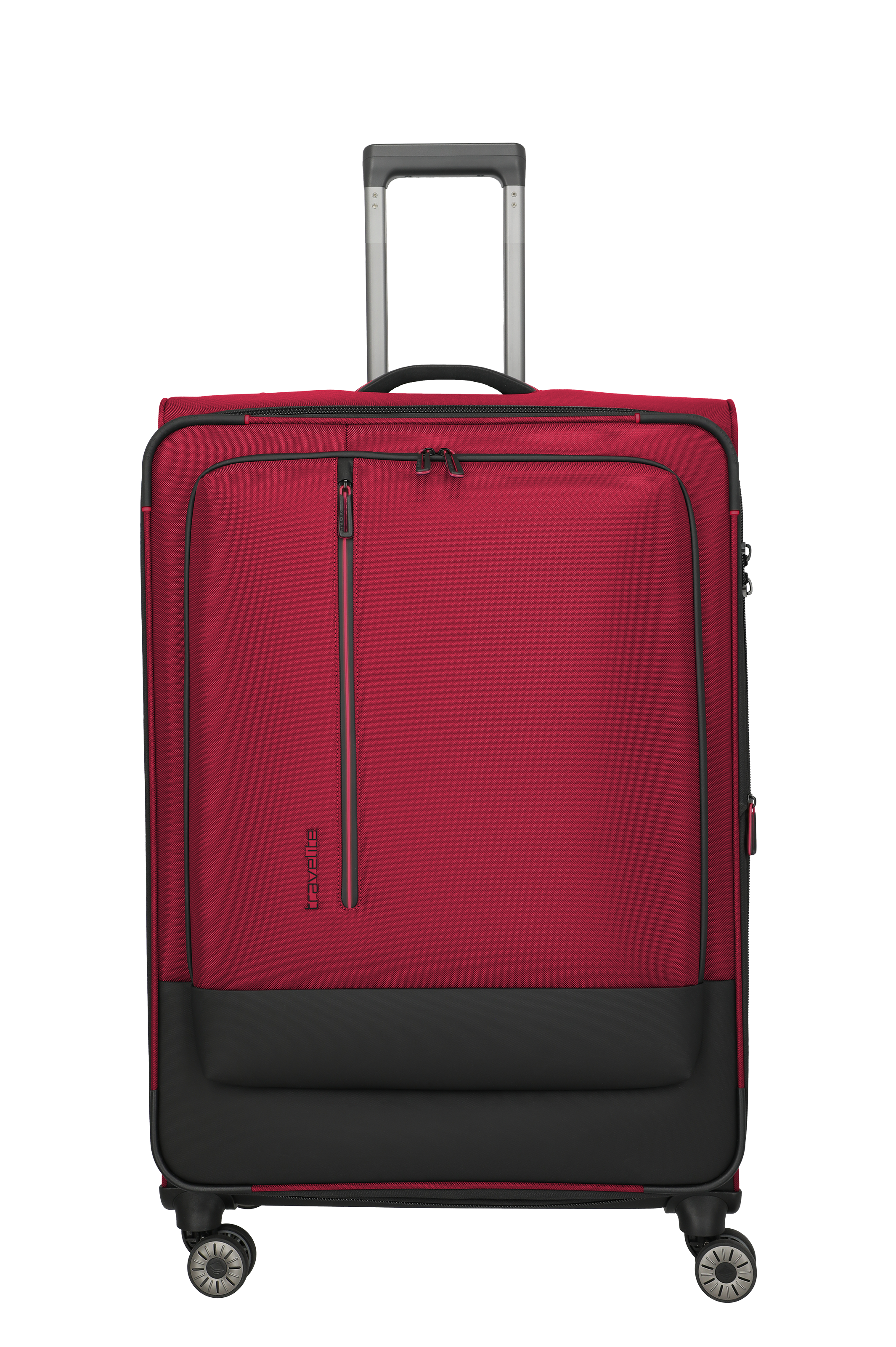 Roter Reisekoffer mit Rollen und Teleskopgriff, großes Frontfach, modernes Design Moderner, roter Trolley-Koffer mit vier Rollen, Teleskopgriff und Fronttasche, stehend auf hellem Hintergrund