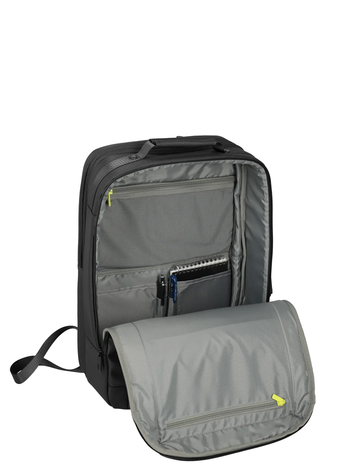 Geöffneter schwarzer Rucksack mit organisiertem Innenfach und Platz für Schreibwaren