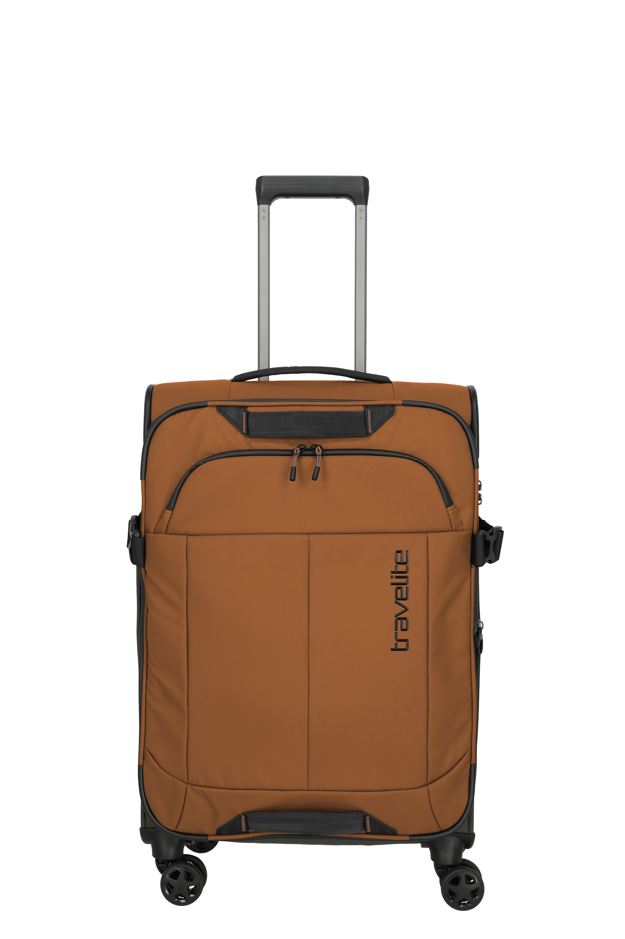 Travelite Weichgepäck Koffer in Braun mit 4 Rollen und Teleskopgriff Brauner Travelite Weichgepäck Koffer mit vier Rollen, Vortasche und ausziehbarem Teleskopgriff, Produktfoto frontal