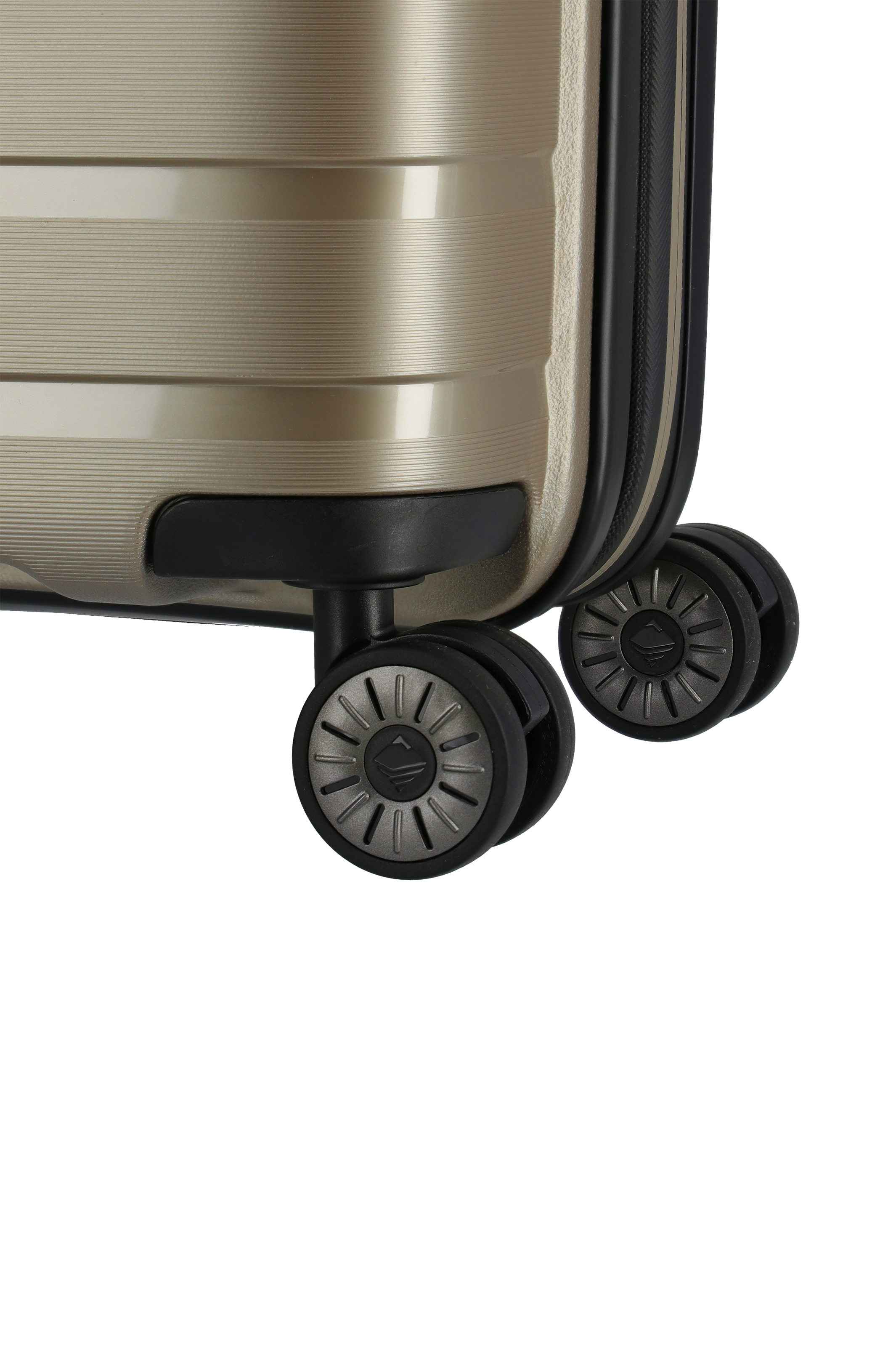 Detailansicht der Rollen eines Hartschalenkoffers in Beige