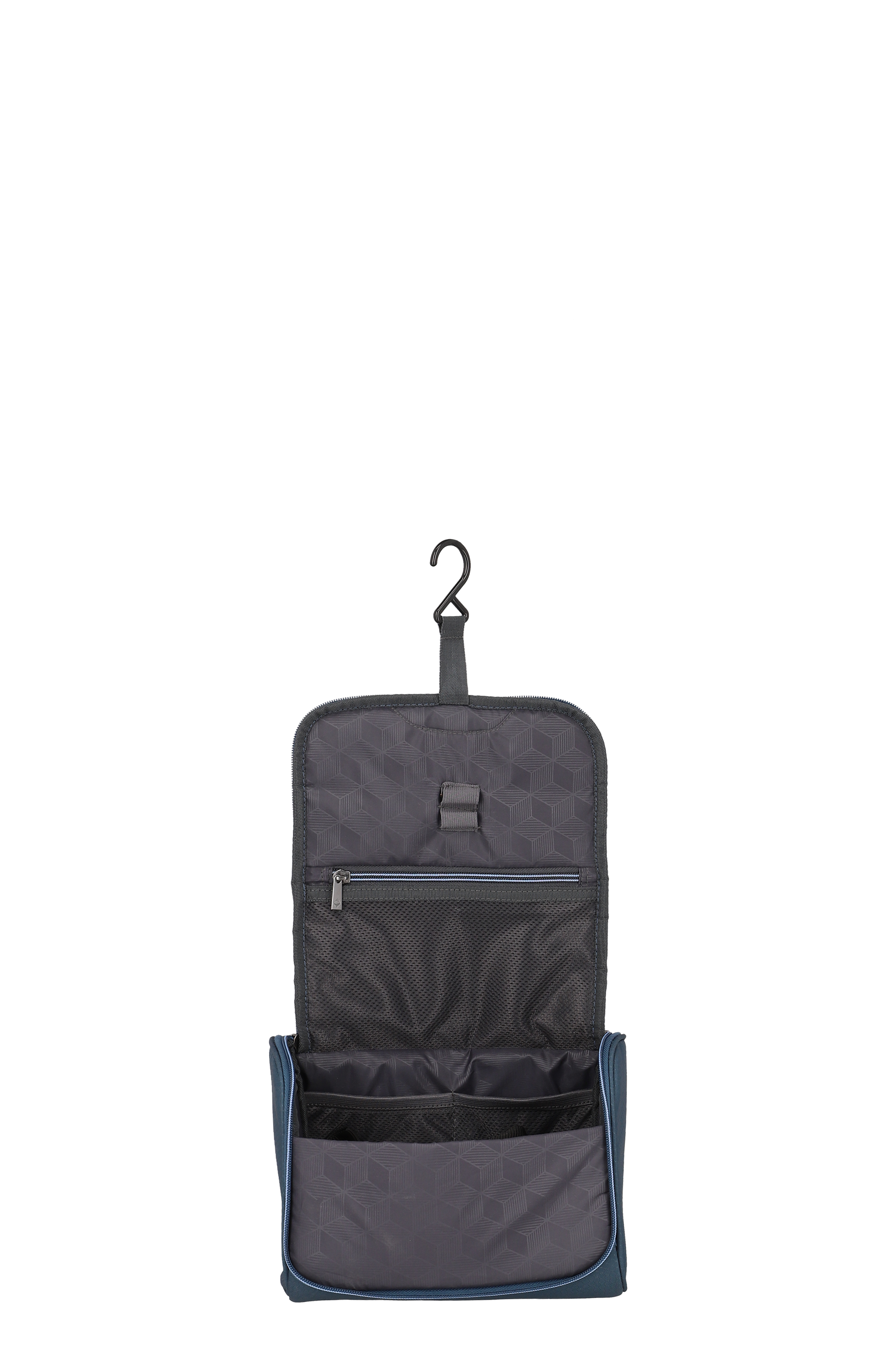 Praktische Hänge-Kulturtasche in Grau mit mehreren Fächern und Reißverschluss, ideal für Reisen