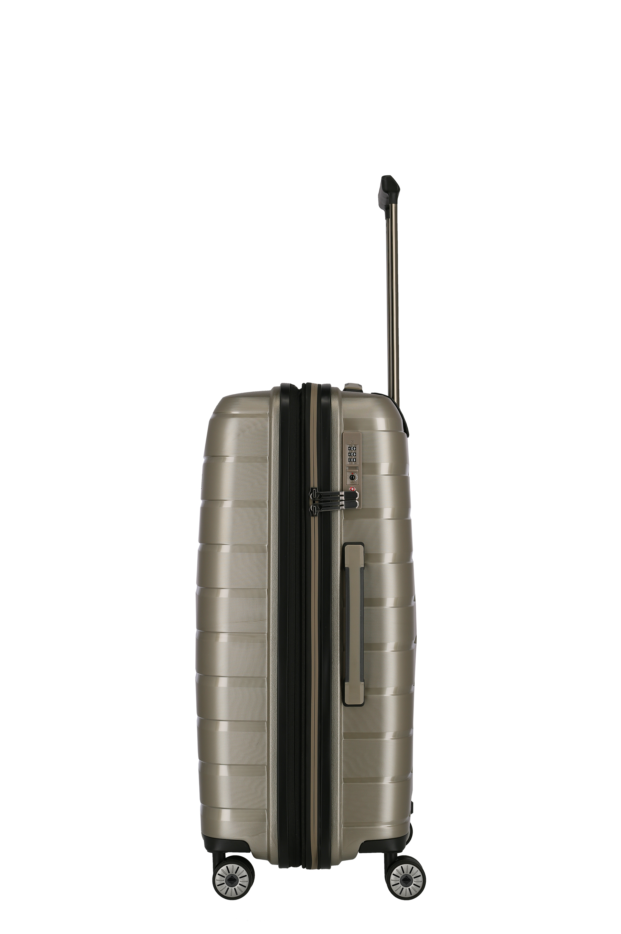 Robuster Hartschalenkoffer mit Zahlenschloss und Teleskopgriff, seitliche Ansicht, silberfarben