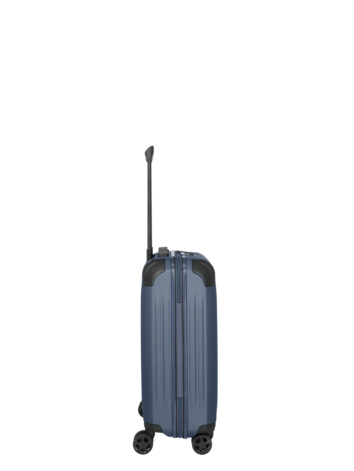 Blauer Hartschalen-Trolley mit Teleskopgriff und 4 Rollen in Seitenansicht