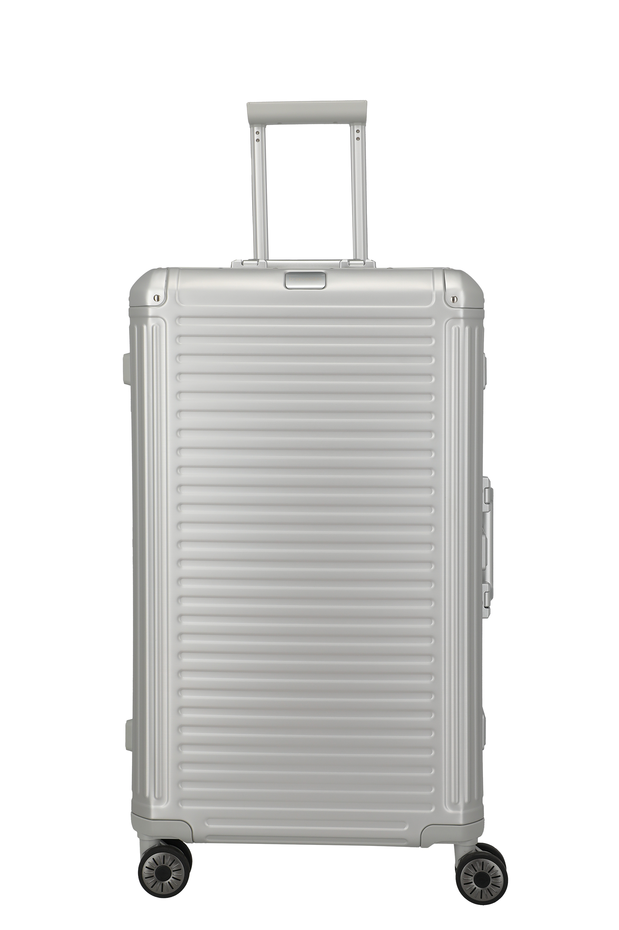Stabiler silberner Hartschalenkoffer mit Teleskopgriff und vier Rollen für komfortables Reisen Silberner Hartschalen-Trolley mit Teleskopgriff und vier Rollen, ideal für Reisen