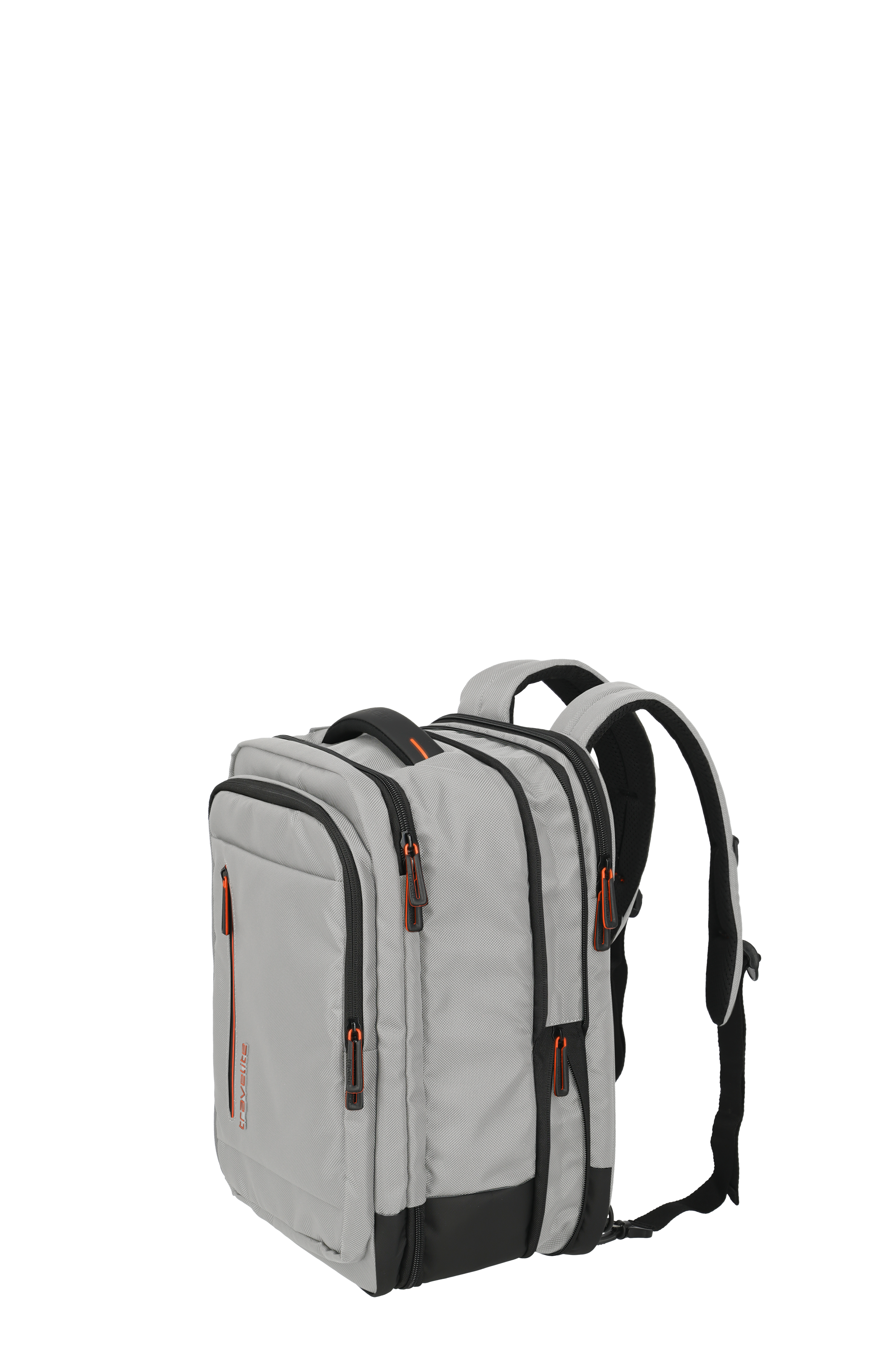 Moderner grauer Rucksack mit mehreren Fächern und orangefarbenen Akzenten