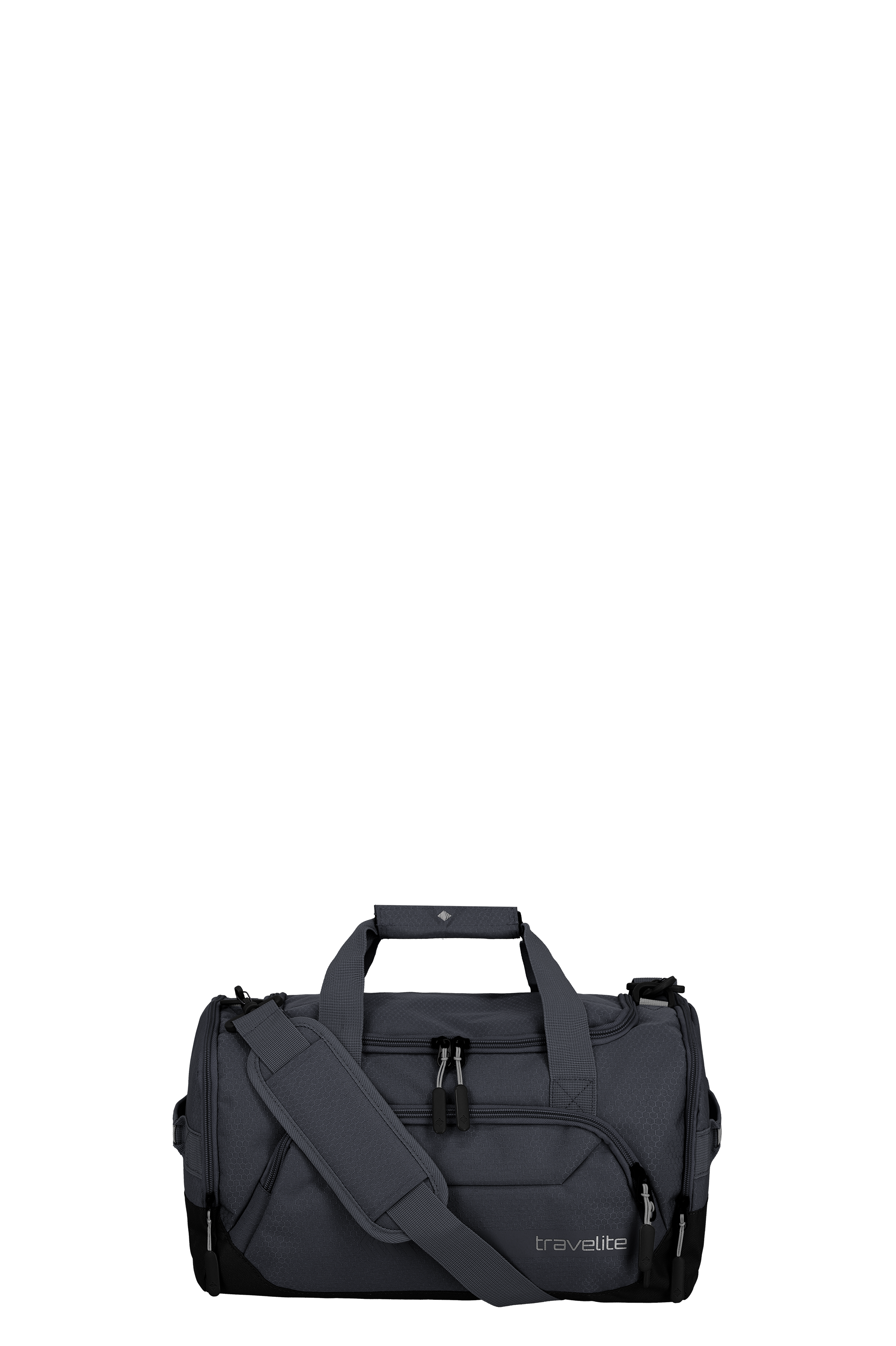 A grey leisure bag 'S' from TRAVELITE. The bag has two top handles and a longer, adjustable shoulder strap. Two zips are visible and the brand name 'travelite' is printed on the bag.