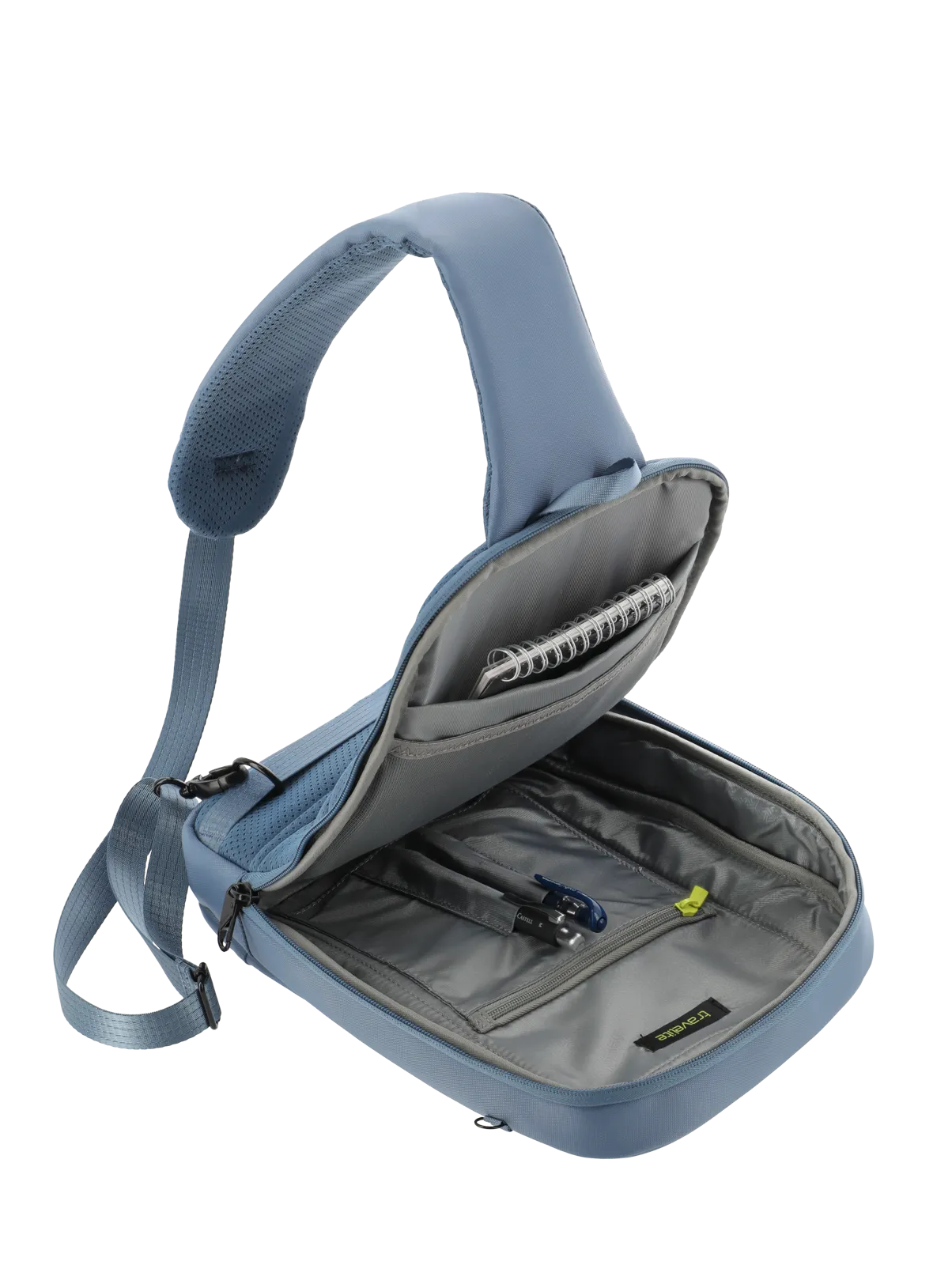 Leichter blauer Sling-Rucksack mit Organizerfächern und gepolertem Schultergurt
