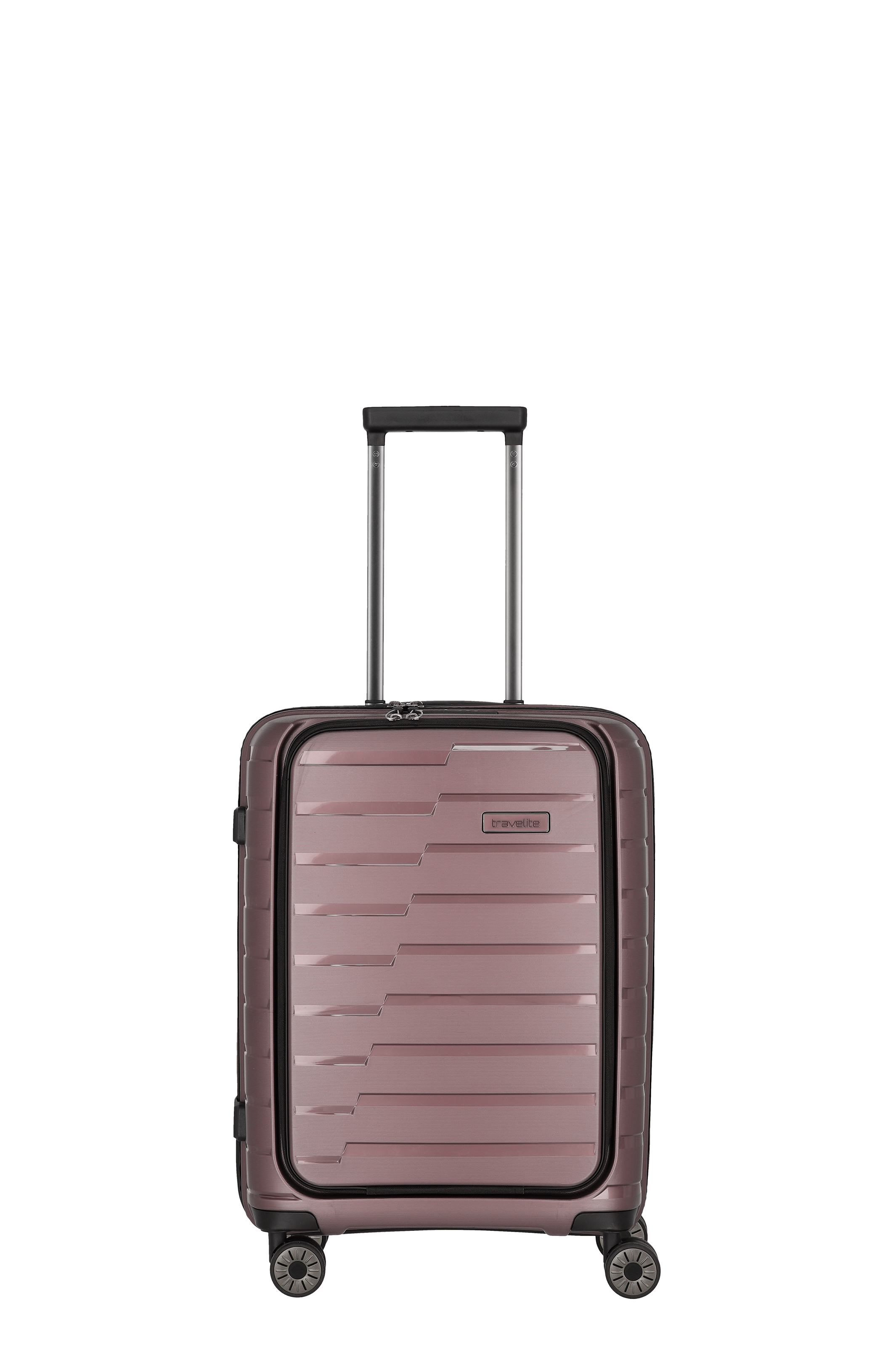 Reisekoffer in Rosé mit Hartschale und vier Rollen, Handgepäckgröße, ideal für Flugreisen Moderner rosafarbener Hartschalenkoffer mit vier Rollen und Teleskopgriff, geeignet als Handgepäck