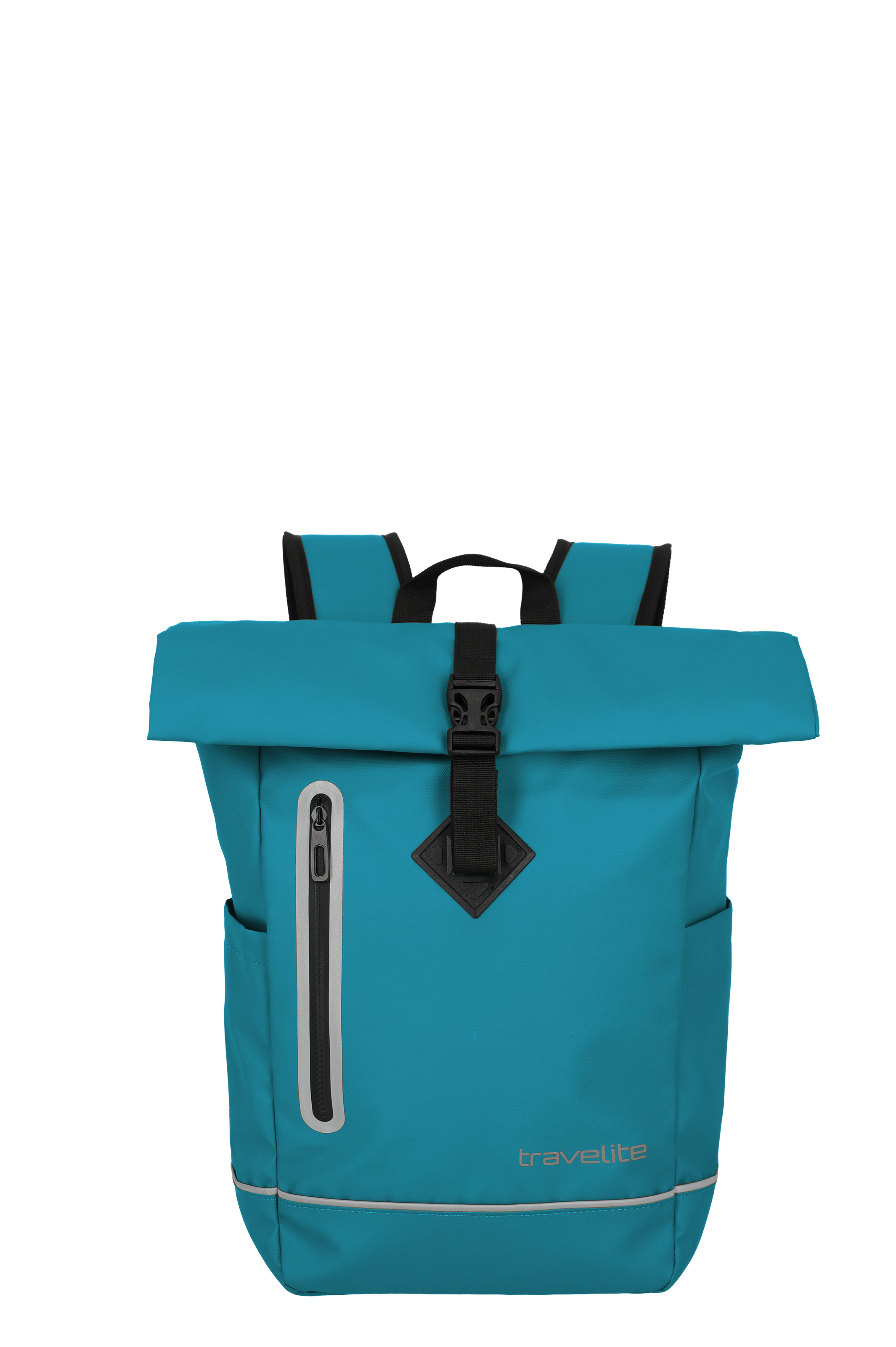 Ein türkisblauer Rollup Rucksack von TRAVELITE ist mittig auf schwarzem Grund dargestellt. Der Rucksack hat schwarze Träger, eine große Schnalle und eine kleine Reißverschlusstasche an der Seite. Das TRAVELITE-Logo ist dezent unten rechts angebracht.