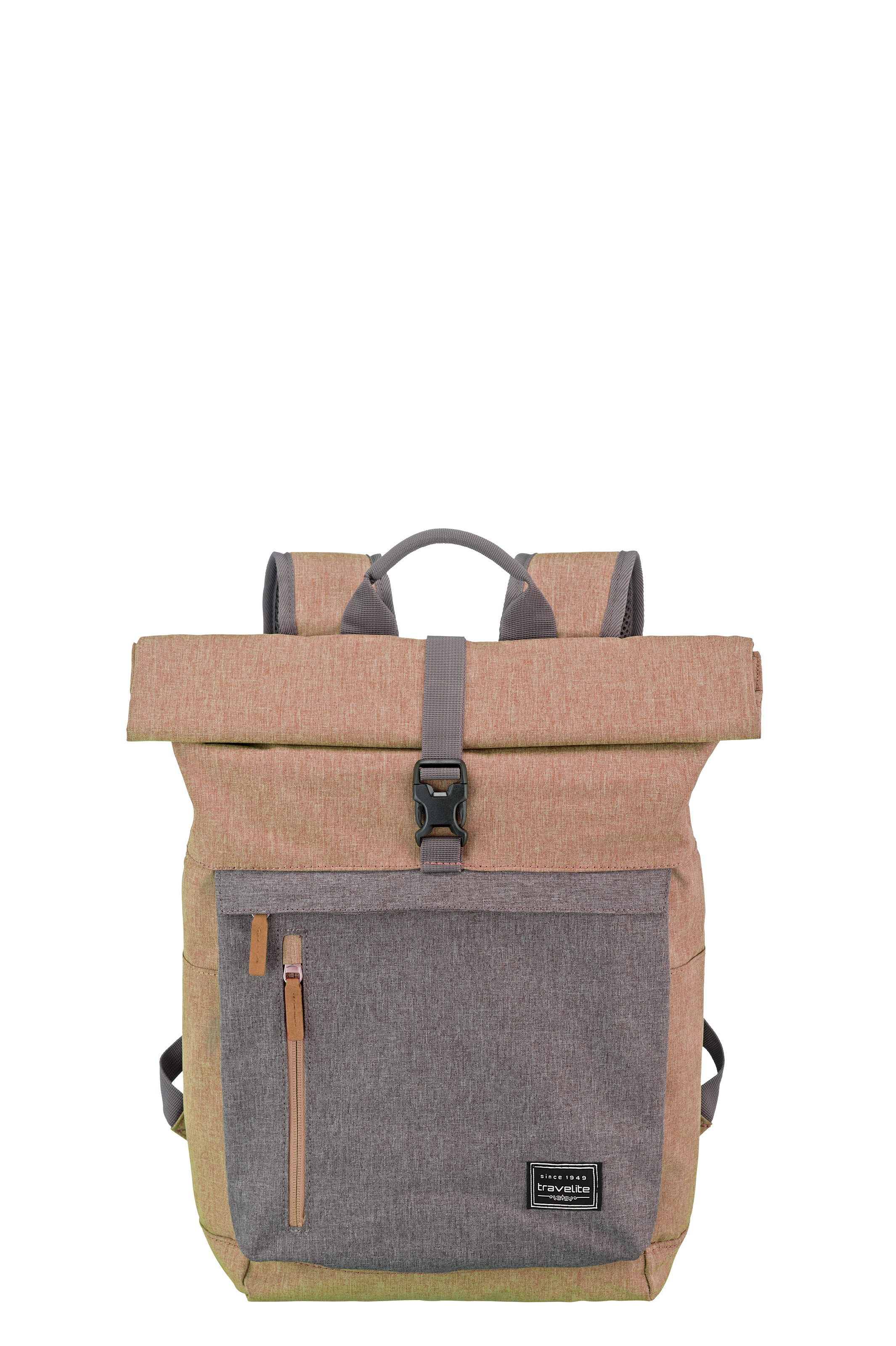 TRAVELITE Roll-up backpack in brown and grey tones. The upper section is secured with a grey strap and black fastening. A grey front pocket with zip is visible. Carrying handle and shoulder straps are grey.