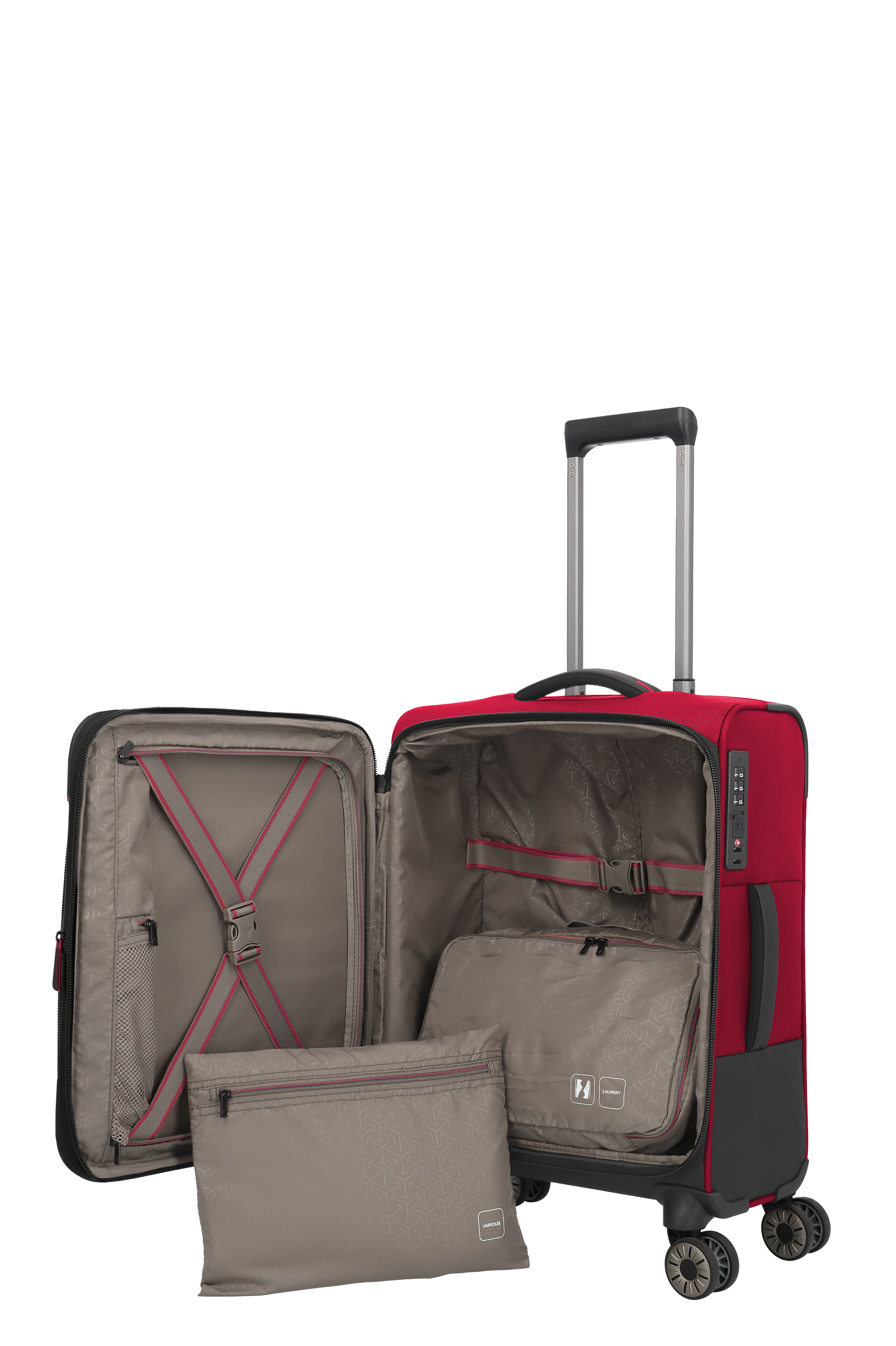 Roter Trolley-Koffer mit geöffnetem Innenfach und herausnehmbaren Beuteln, vier Rollen, TSA-Schloss und Teleskopgriff