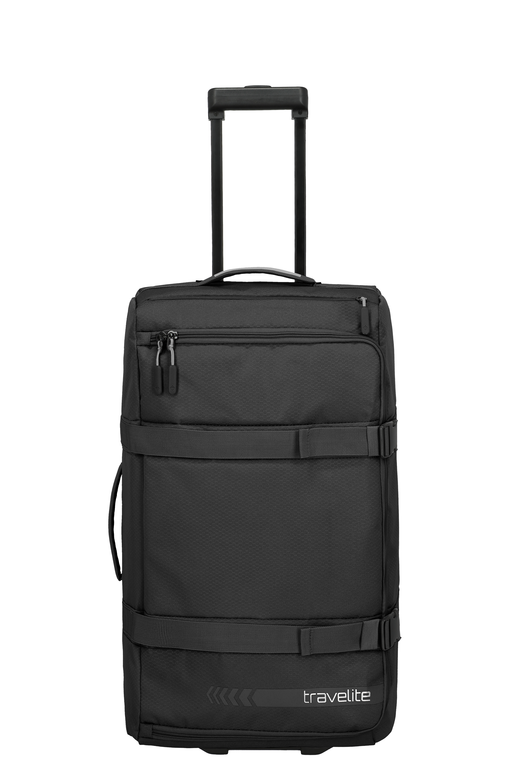 Borsa da viaggio TRAVELITE scura, misura L. Dotata di maniglia estensibile e cinghie. Due scomparti frontali con zip e logo TRAVELITE in basso. Sfondo nero.