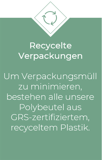 Recycelte Verpackungen - Umweltfreundliche Polybeutel Informationsgrafik über recycelte Verpackungen: Alle Polybeutel bestehen aus GRS-zertifiziertem, recyceltem Plastik zur Müllvermeidung.