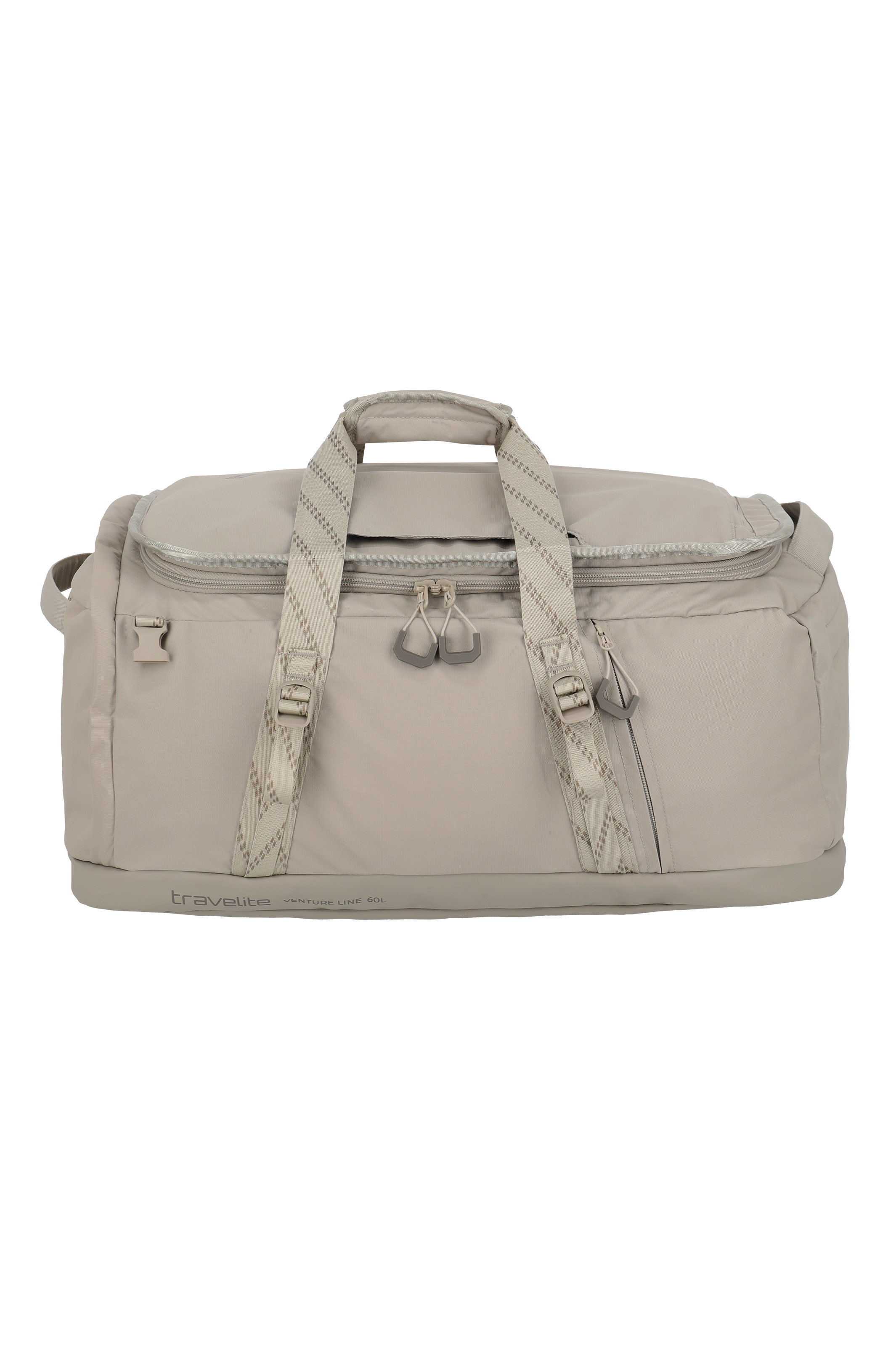 Una bolsa de viaje beige claro de Travelite, modelo Venture Line 60L, con asas de transporte y cremallera en la parte superior, se alza sobre un fondo negro. La bolsa tiene correas de transporte con hebillas y etiquetas grises con cremallera.