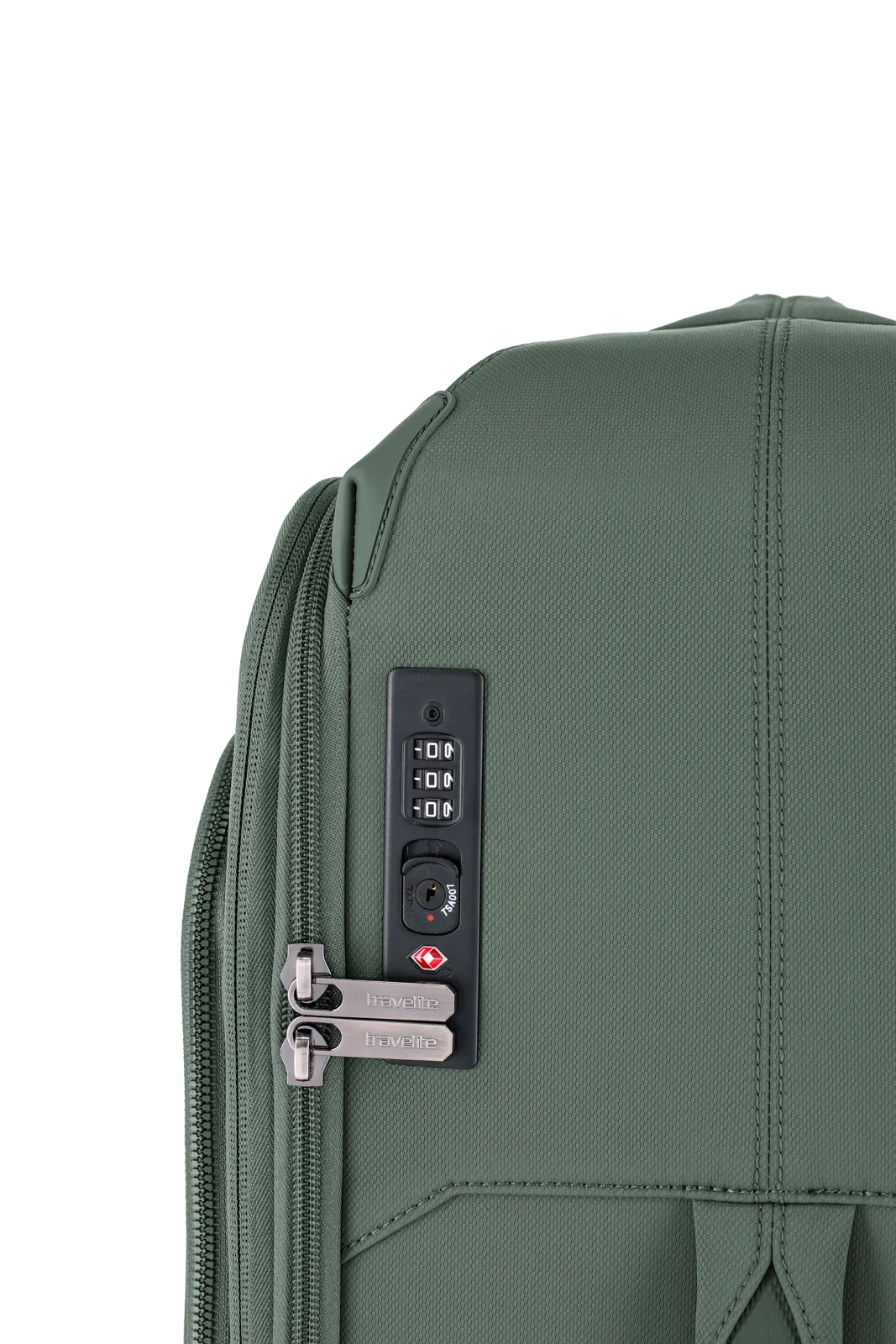 Weichgepäck-Koffer Priima in oliv von travelite Emblem Nahaufnahme TSA-Kombinationsschloss