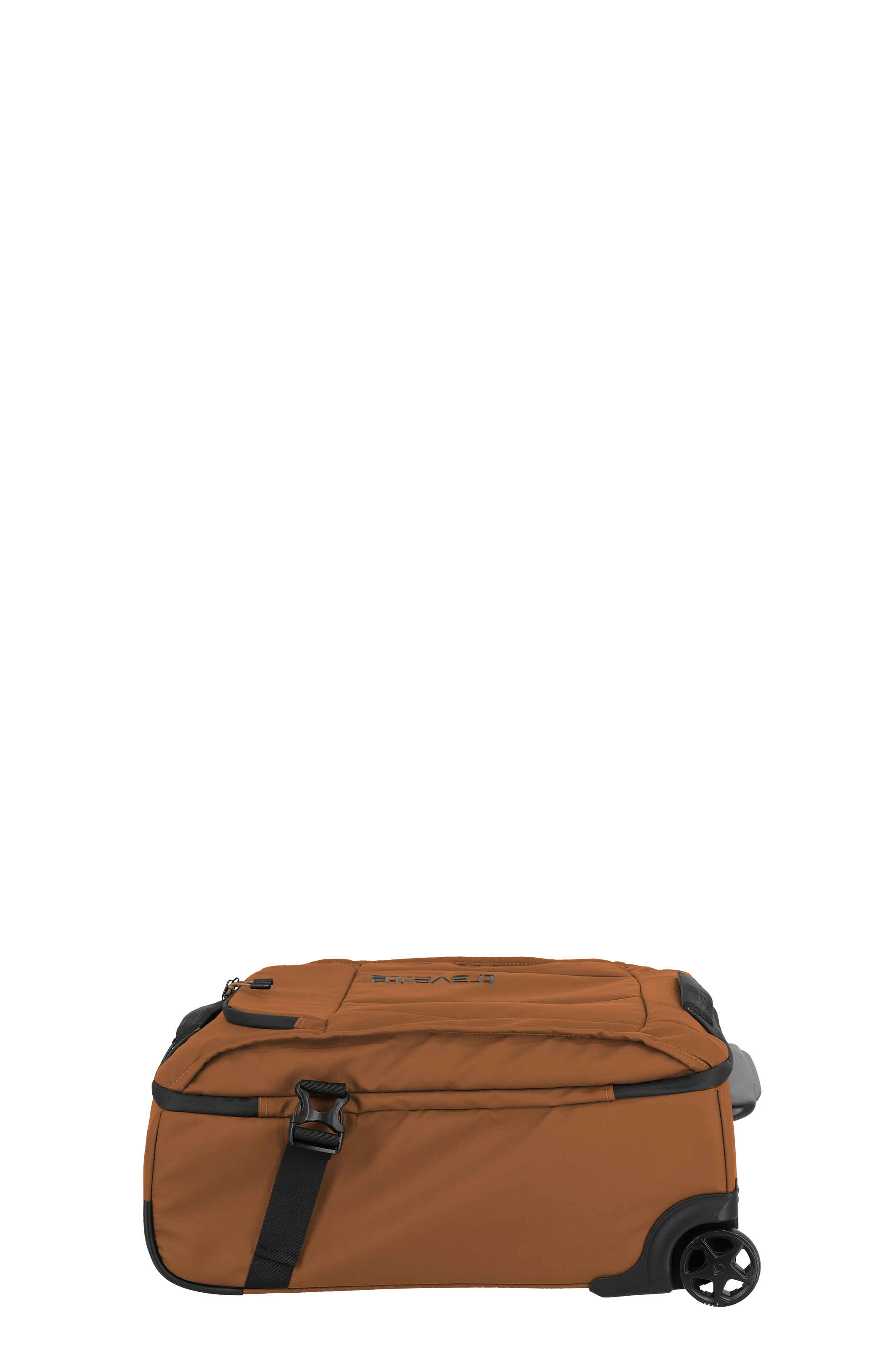 Große, orangefarbene Reisetasche mit Rollen und robusten Schnallen