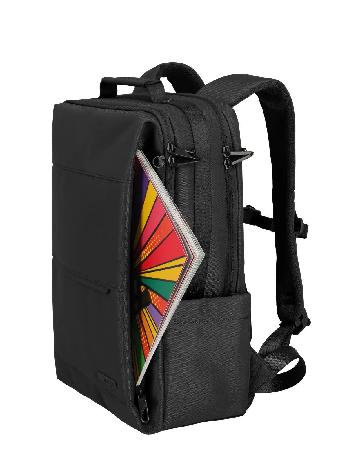 Schwarzer Rucksack mit modernem Design und seitlichem Fach, aus dem ein bunter Ordner herausragt