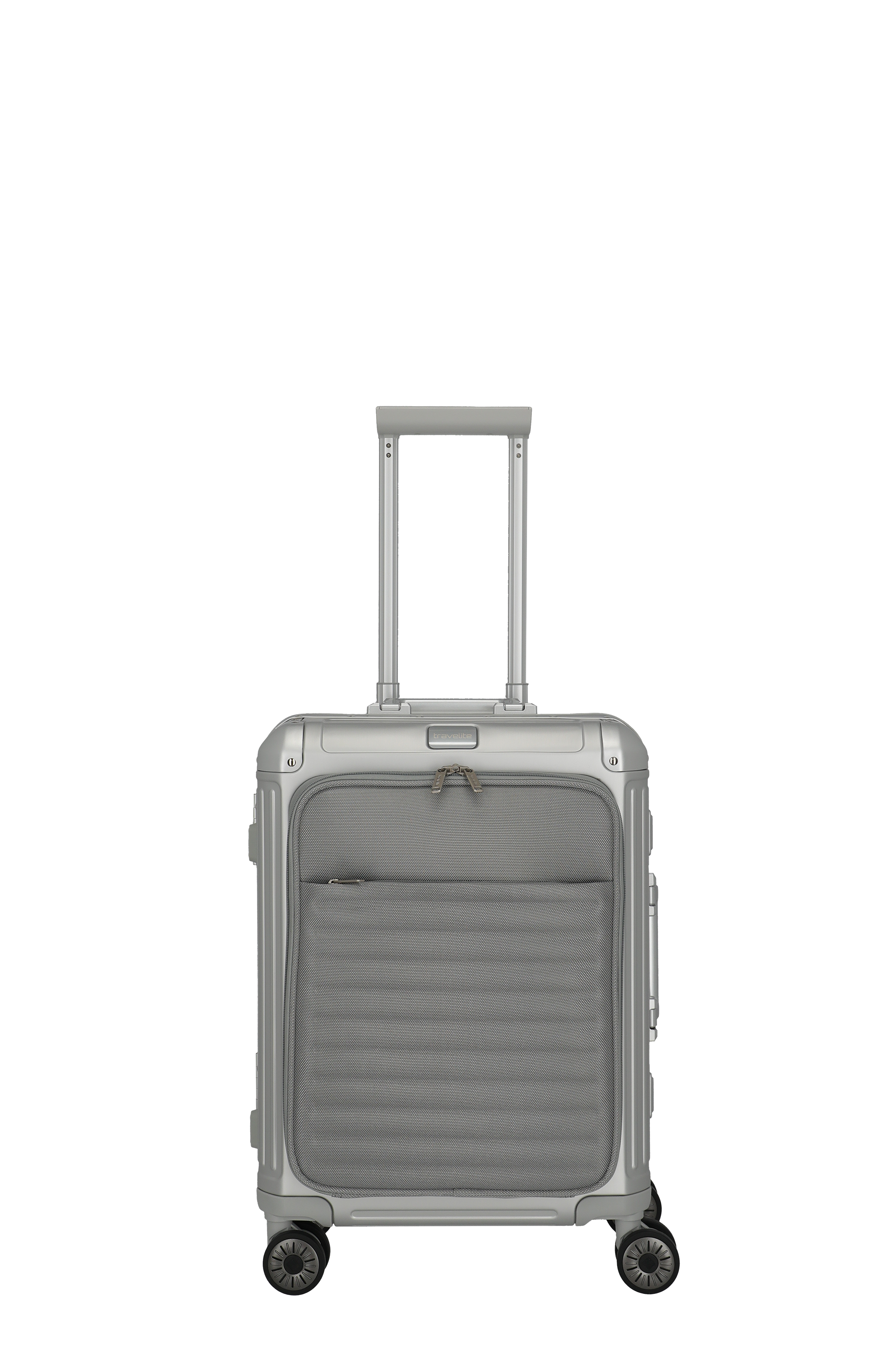 Moderner silberner Hartschalen-Trolley mit Fronttasche und Teleskopgriff – ideal als Handgepäckkoffer Silberner Trolley mit vier Rollen, ausziehbarem Griff und großer Fronttasche, geeignet als Handgepäck