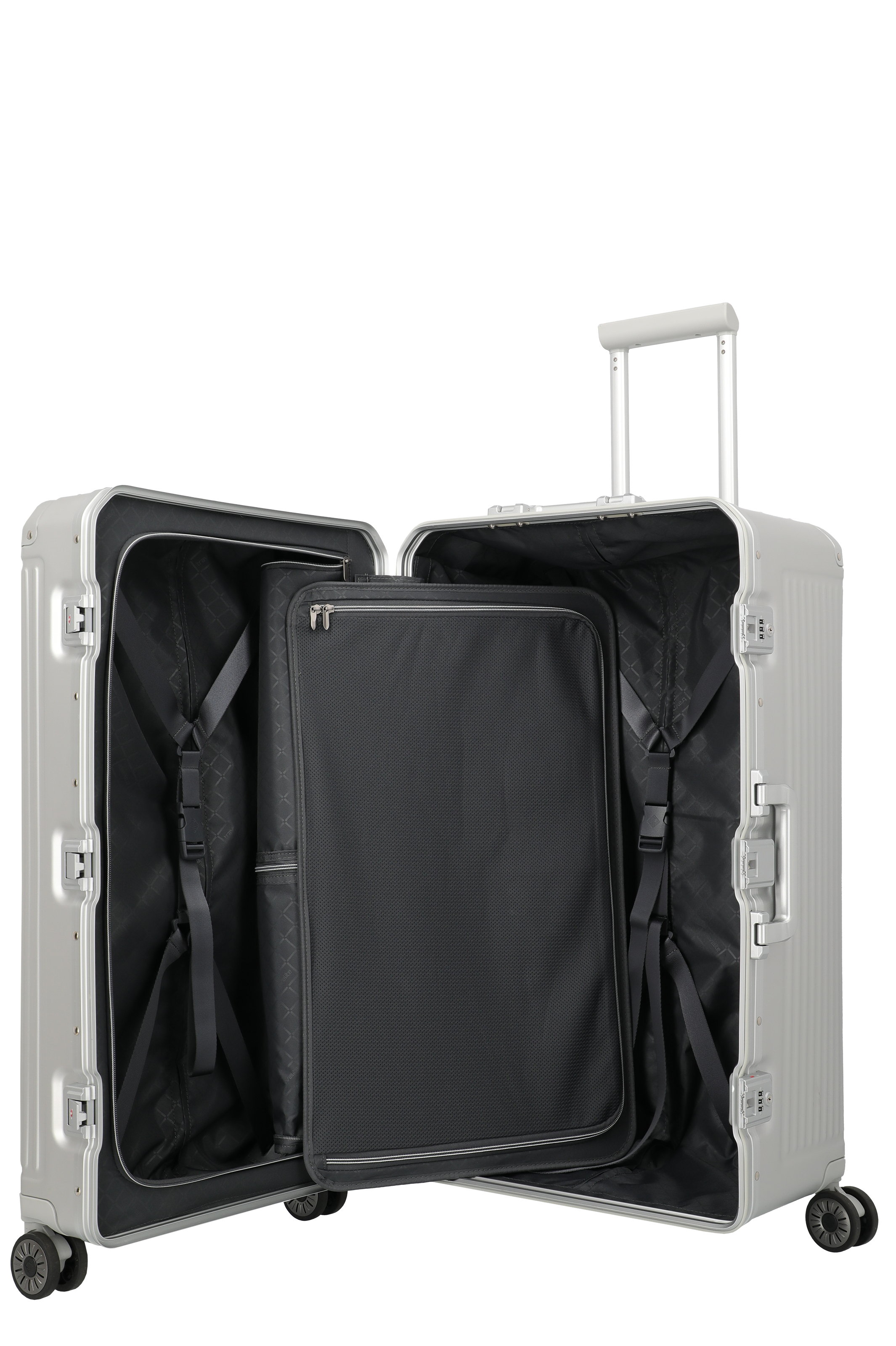 Geöffneter silberner Hartschalenkoffer mit Innenaufteilung, Gepäckgurten und herausnehmbarer Trennwand