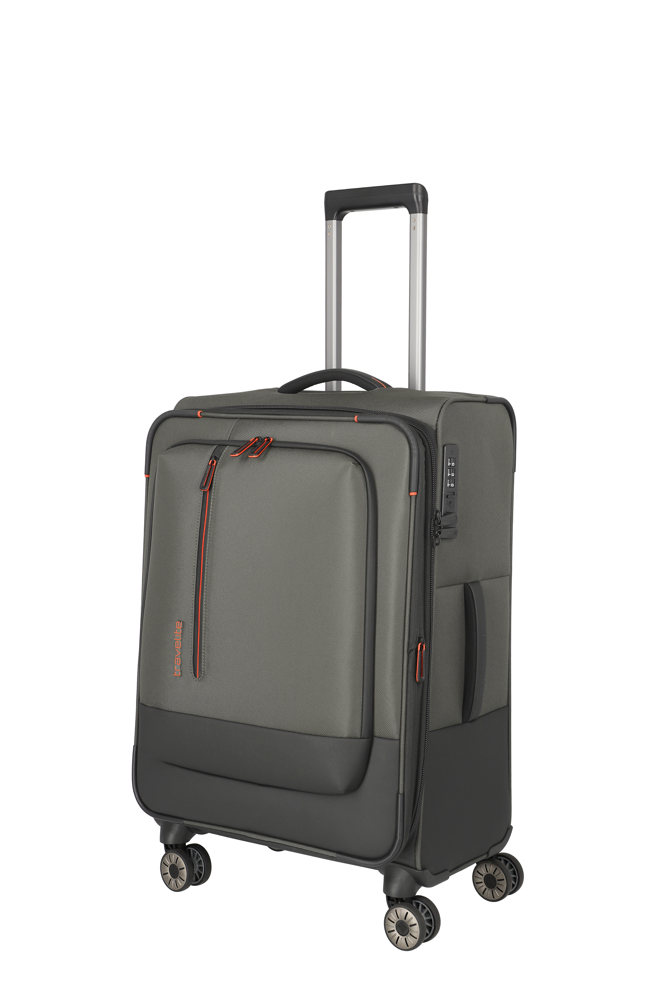 Grauer Weichschalen-Trolley mit vier Rollen und Teleskopgriff – ideal als Handgepäck für Reisen