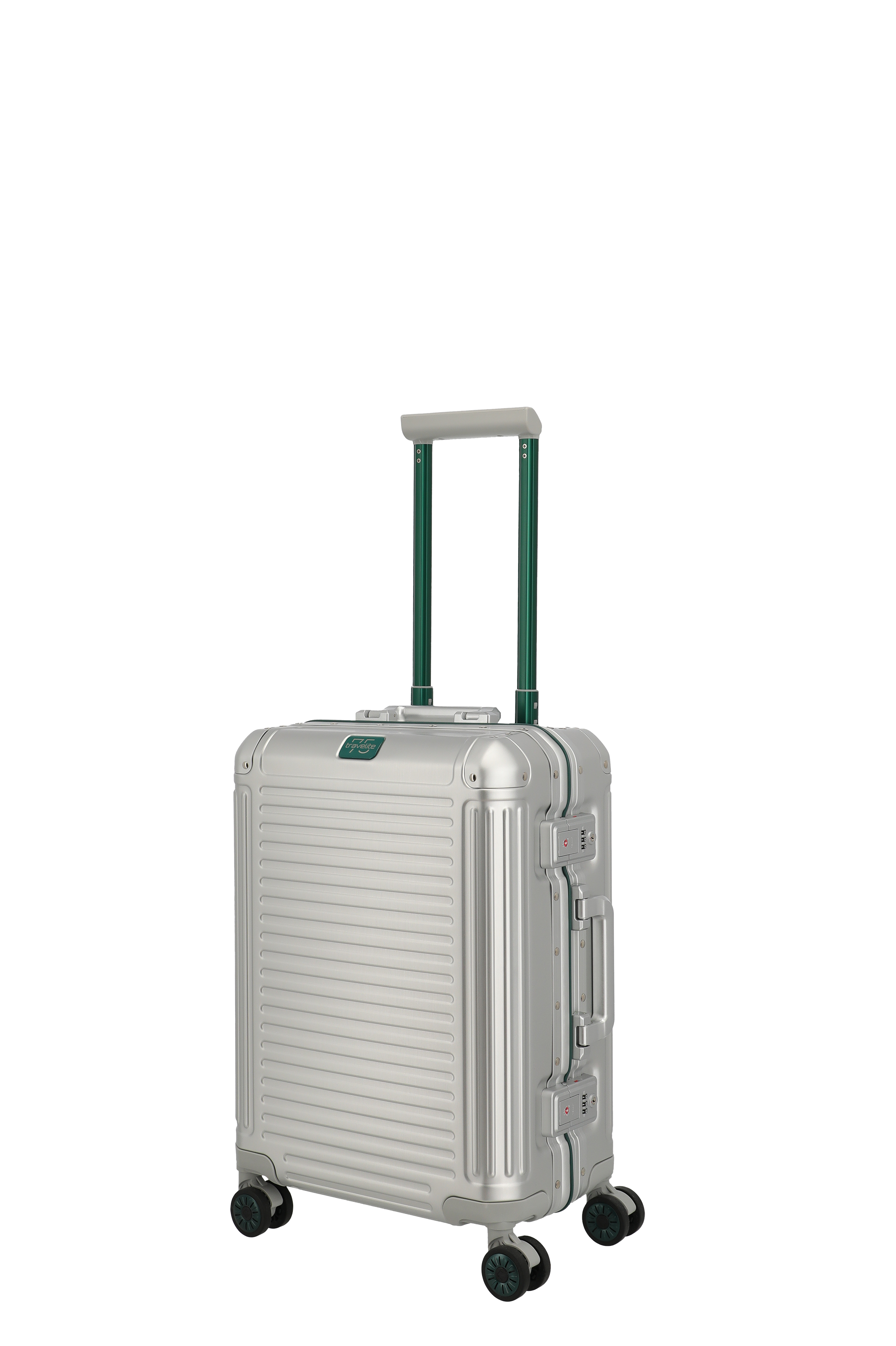 Hochwertiger silberner Hartschalen-Trolley mit vier Rollen und ausziehbarem Griff