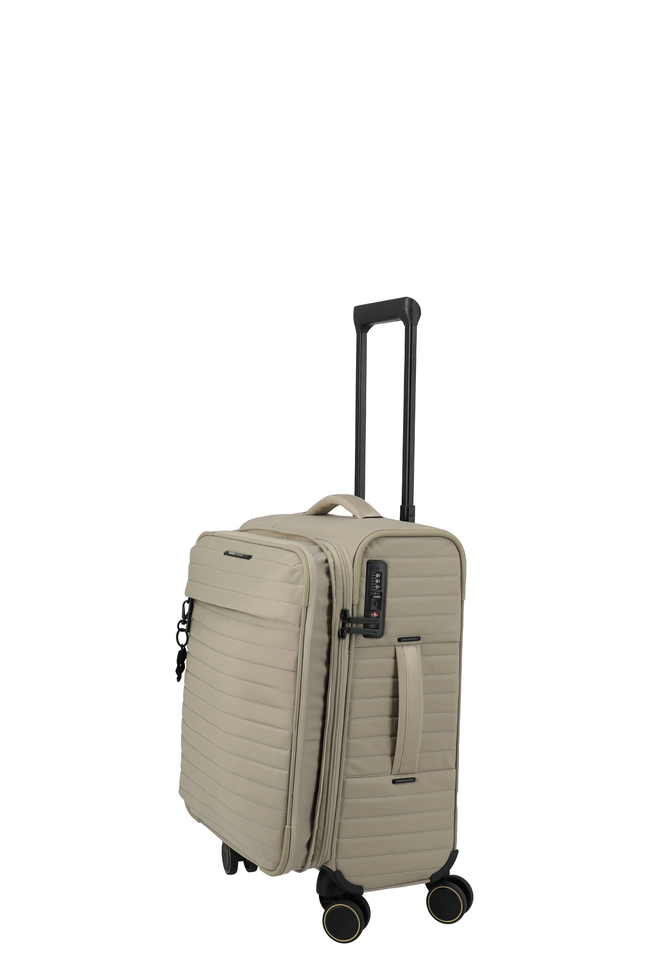 Beiger Trolley-Koffer mit vier Rollen und ausziehbarem Griff für komfortables Reisen