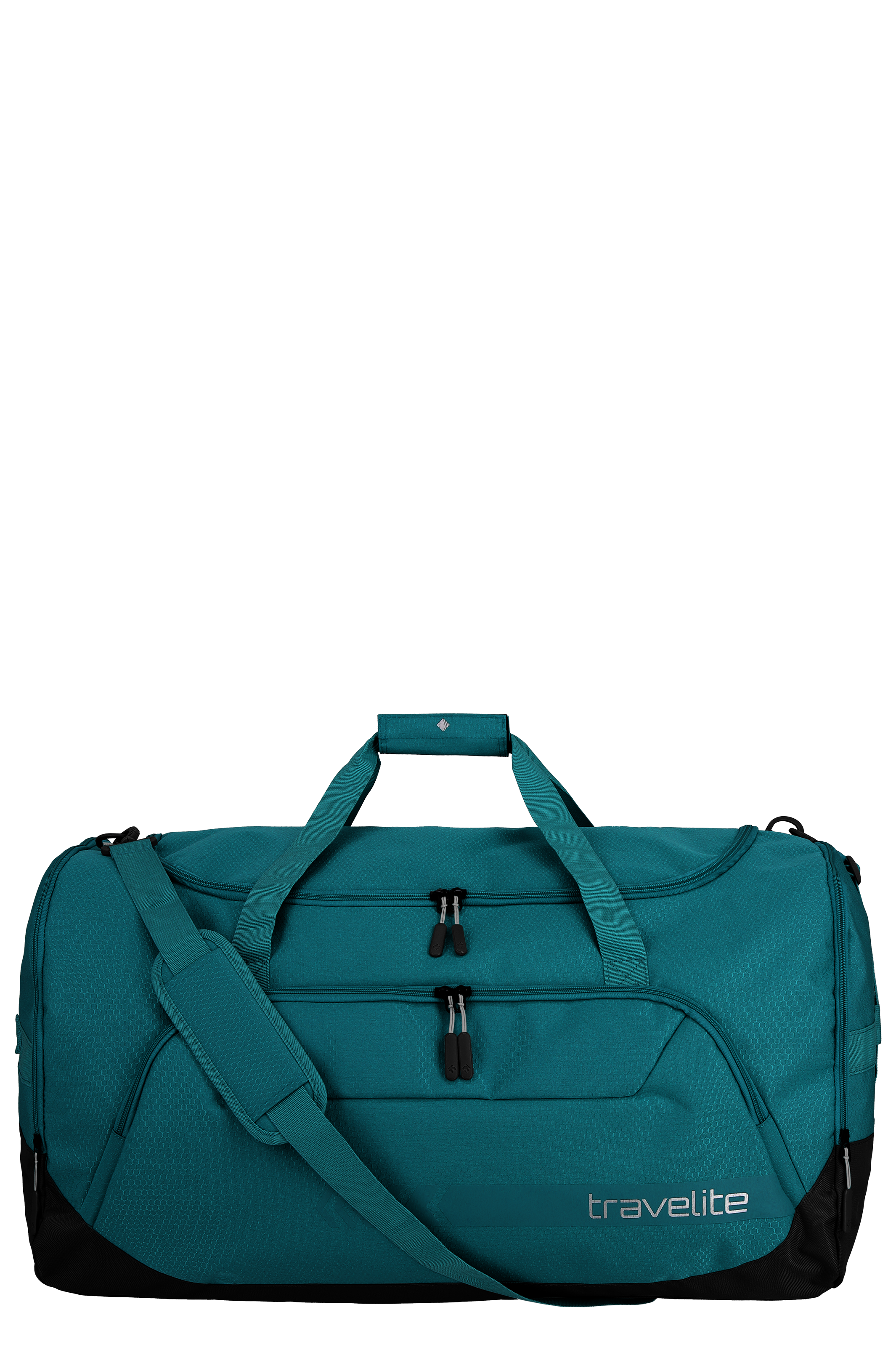 Primo piano di una borsa per il tempo libero TRAVELITE di colore turchese M che fluttua su uno sfondo nero. La borsa è dotata di manici per il trasporto, tracolla con imbottitura e diverse tasche con zip. Il logo del marchio si trova in basso a destra.