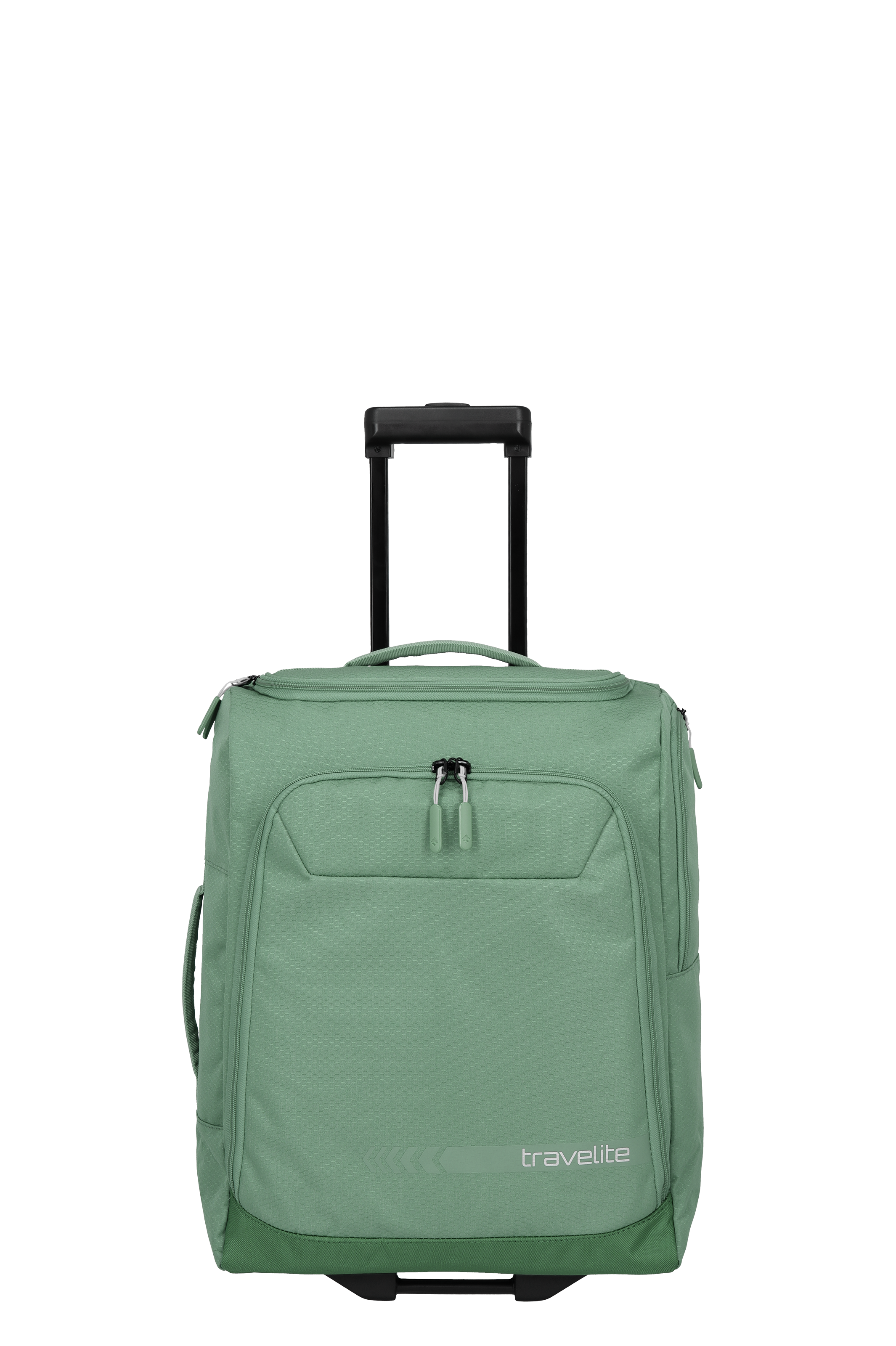 A green wheeled travel bag from TRAVELITE with an extended, black telescopic handle. There is a patch pocket with a zip at the front. Small black wheels are visible at the bottom.