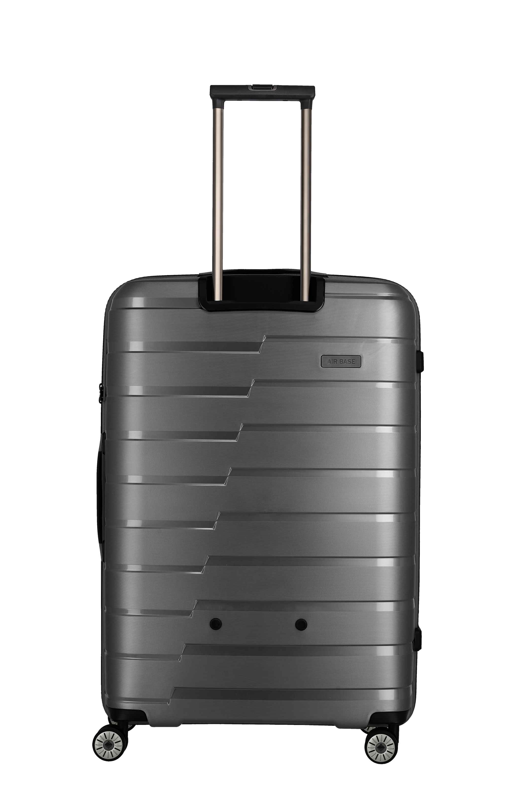Moderner Hartschalenkoffer in Dunkelgrau mit Teleskopgriff und vier Rollen