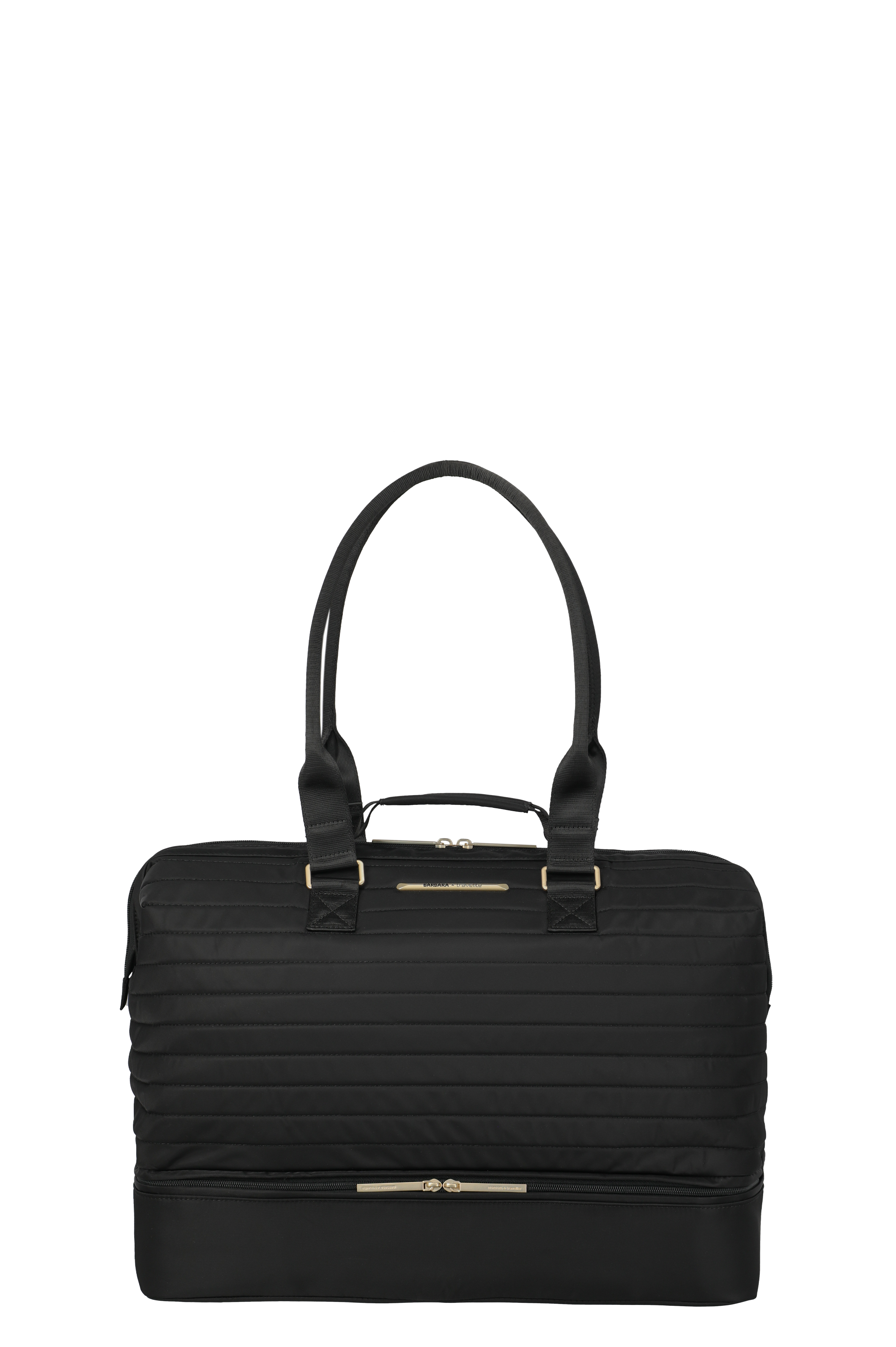 Elegante schwarze Reisetasche mit goldenen Details und extra Fach, ideal für Damen und Herren Schwarze Reisetasche mit zwei Henkeln, goldenen Reißverschlüssen und zusätzlichem Bodenfach, freigestellt auf weißem Hintergrund
