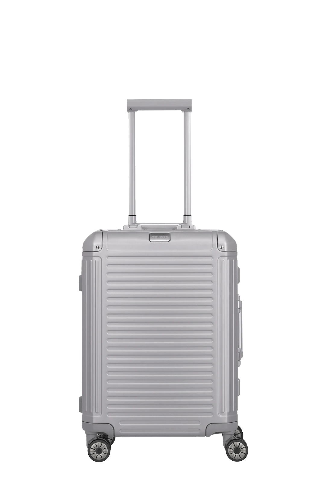 silberner Aluminium Koffer Next von travelite Größe S (55cm) Frontansicht