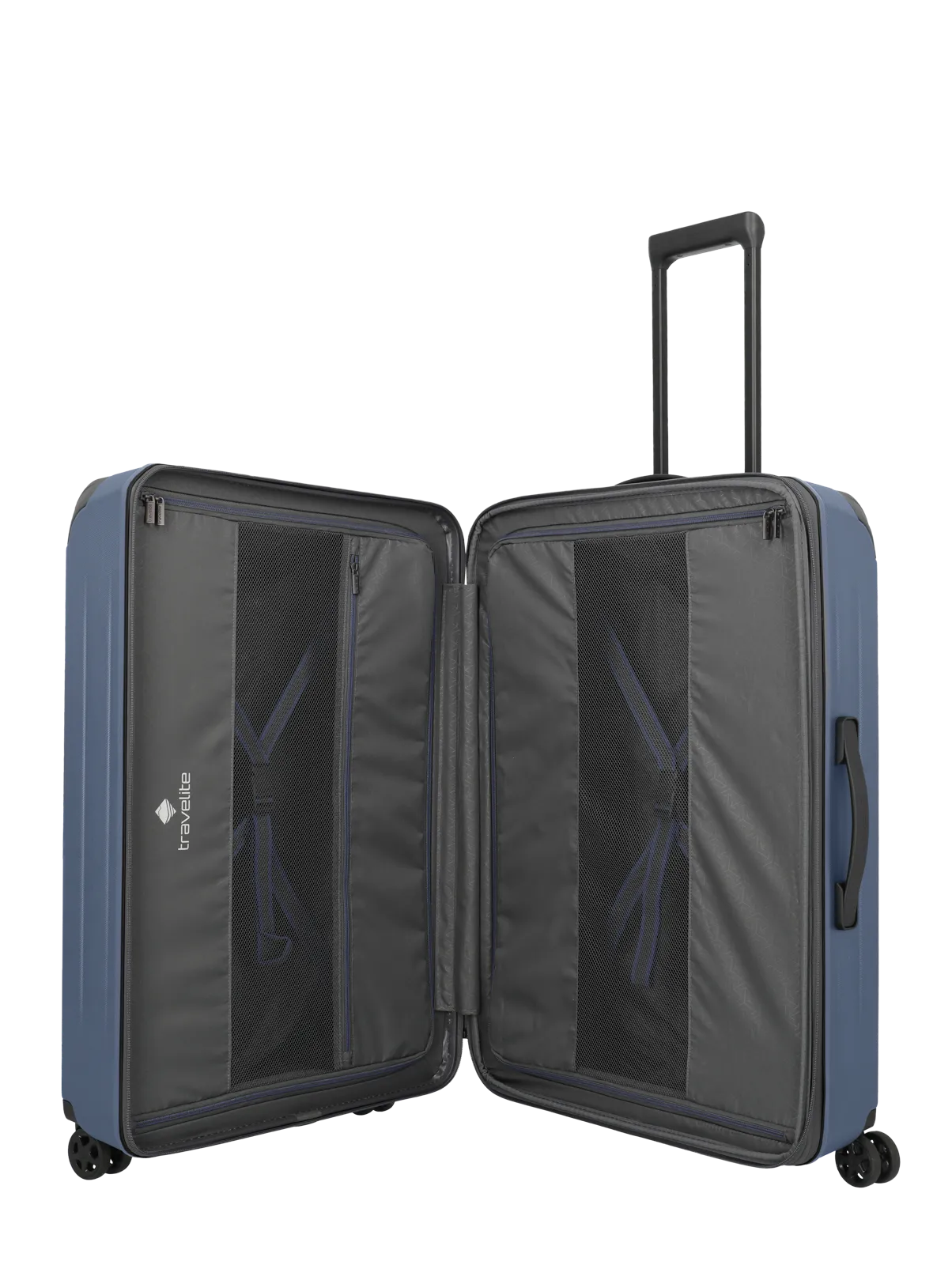 Großer blauer Hartschalen-Trolley von travelite, geöffnet und leer, mit Innenfächern und Teleskopgriff