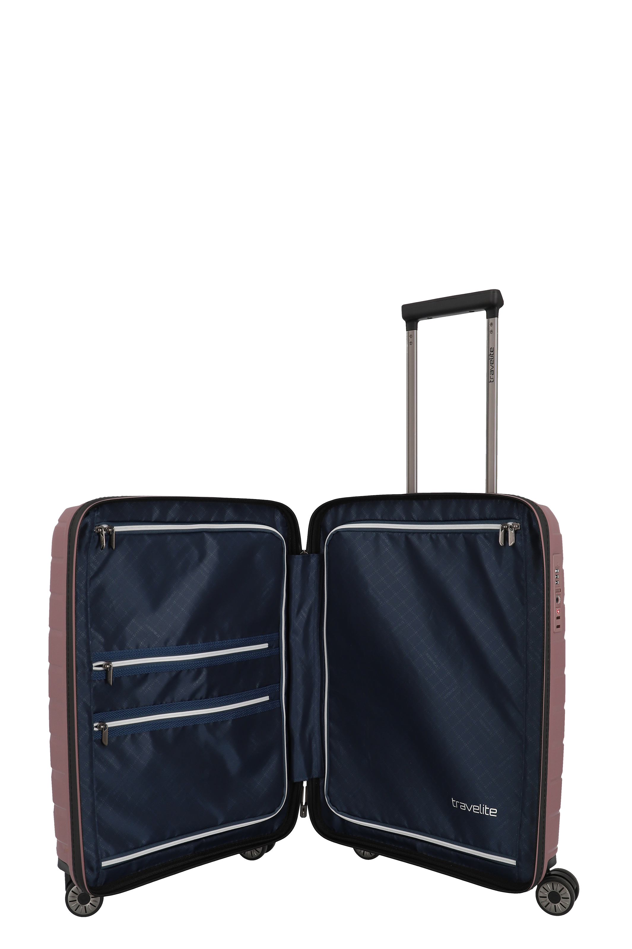 Offener Hartschalenkoffer mit vier Rollen und praktischen Innenfächern von travelite