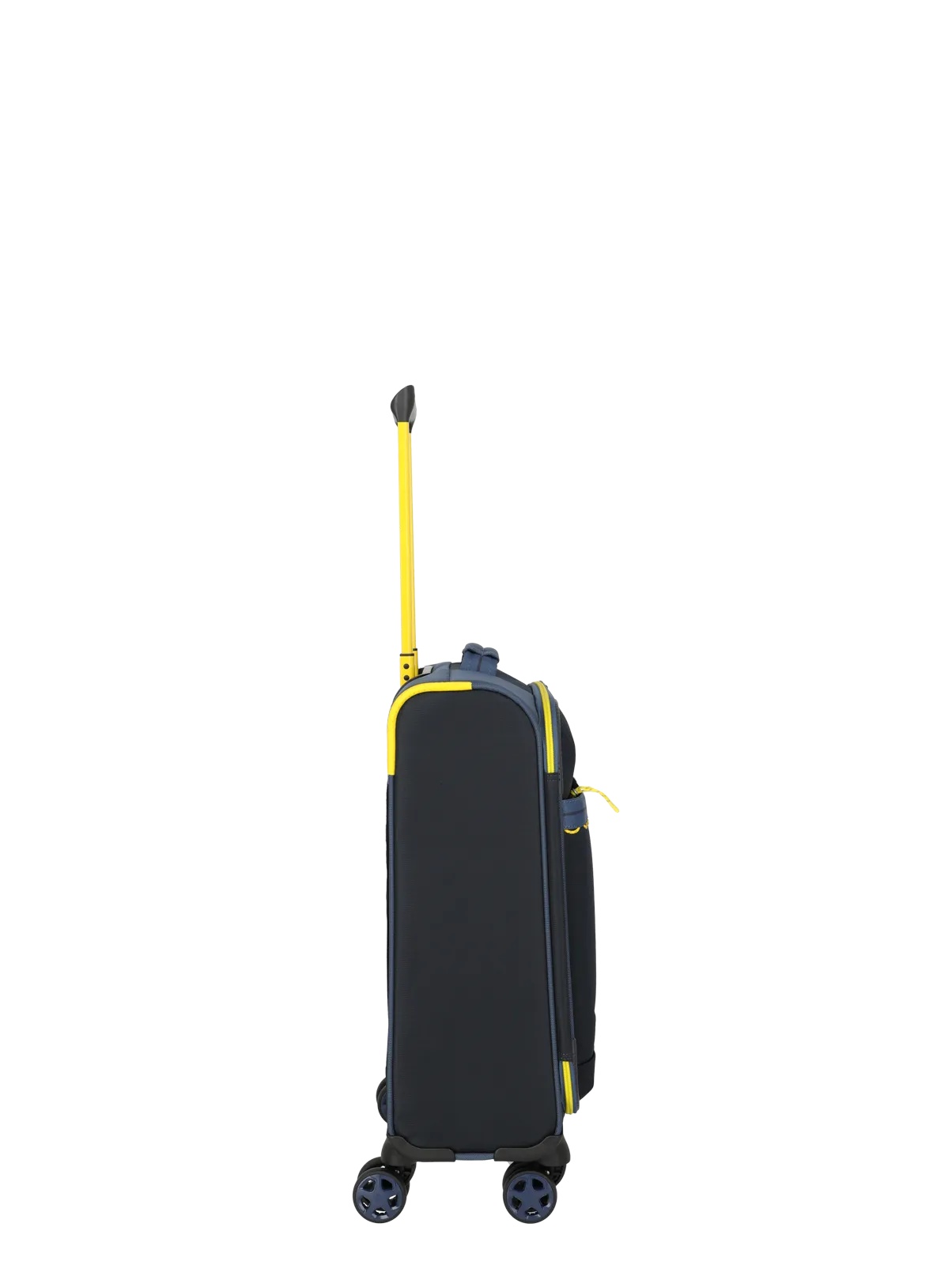 Moderner Trolley mit gelben Akzenten und ausziehbarem Griff – praktischer Reisetrolley mit vier Rollen