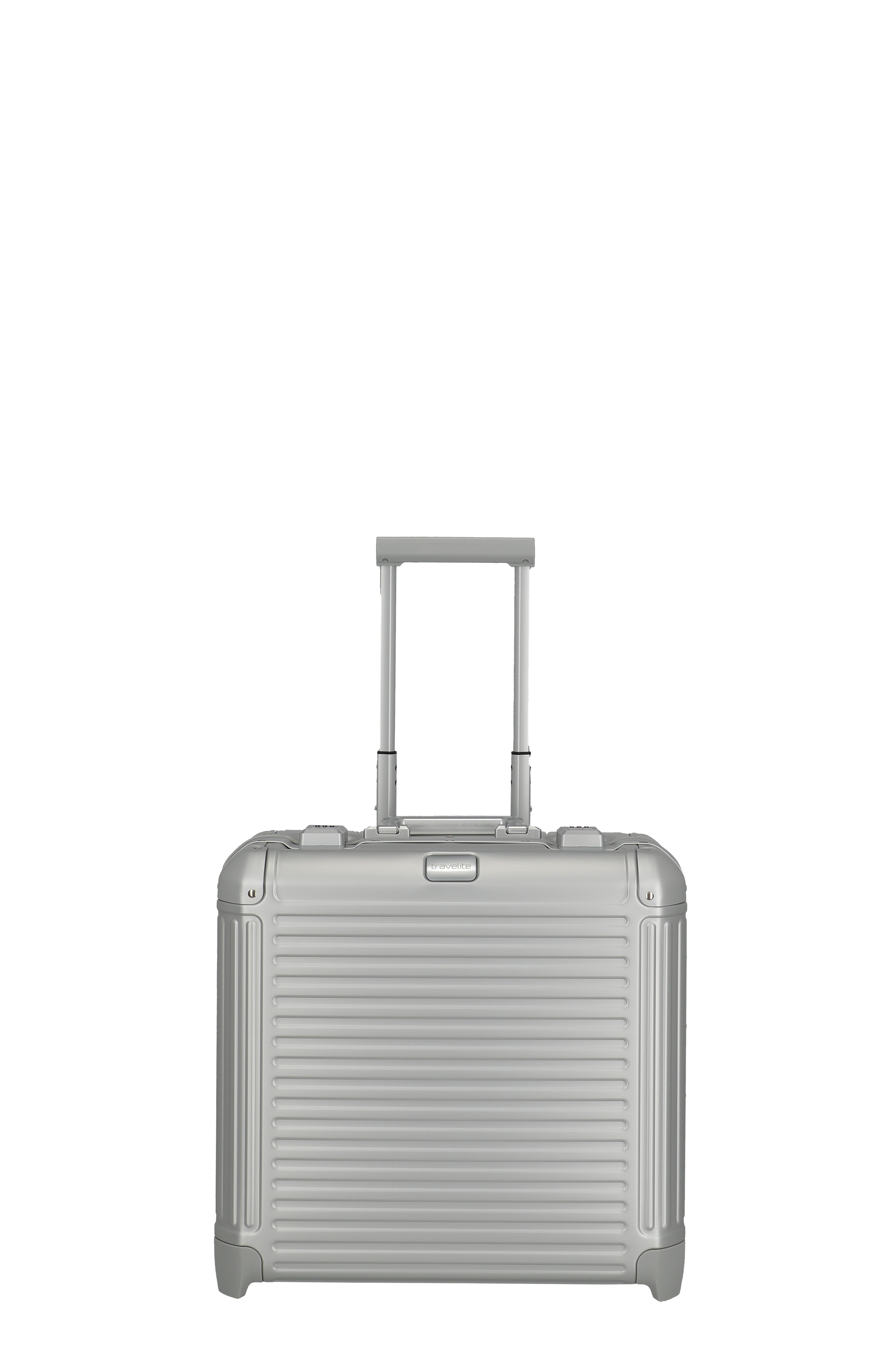 Eleganter silberner Hartschalen-Trolley mit Teleskopgriff für stilvolles Reisen Silberner Hartschalen-Trolley mit Teleskopgriff, ideal als Handgepäck für Geschäfts- und Urlaubsreisen