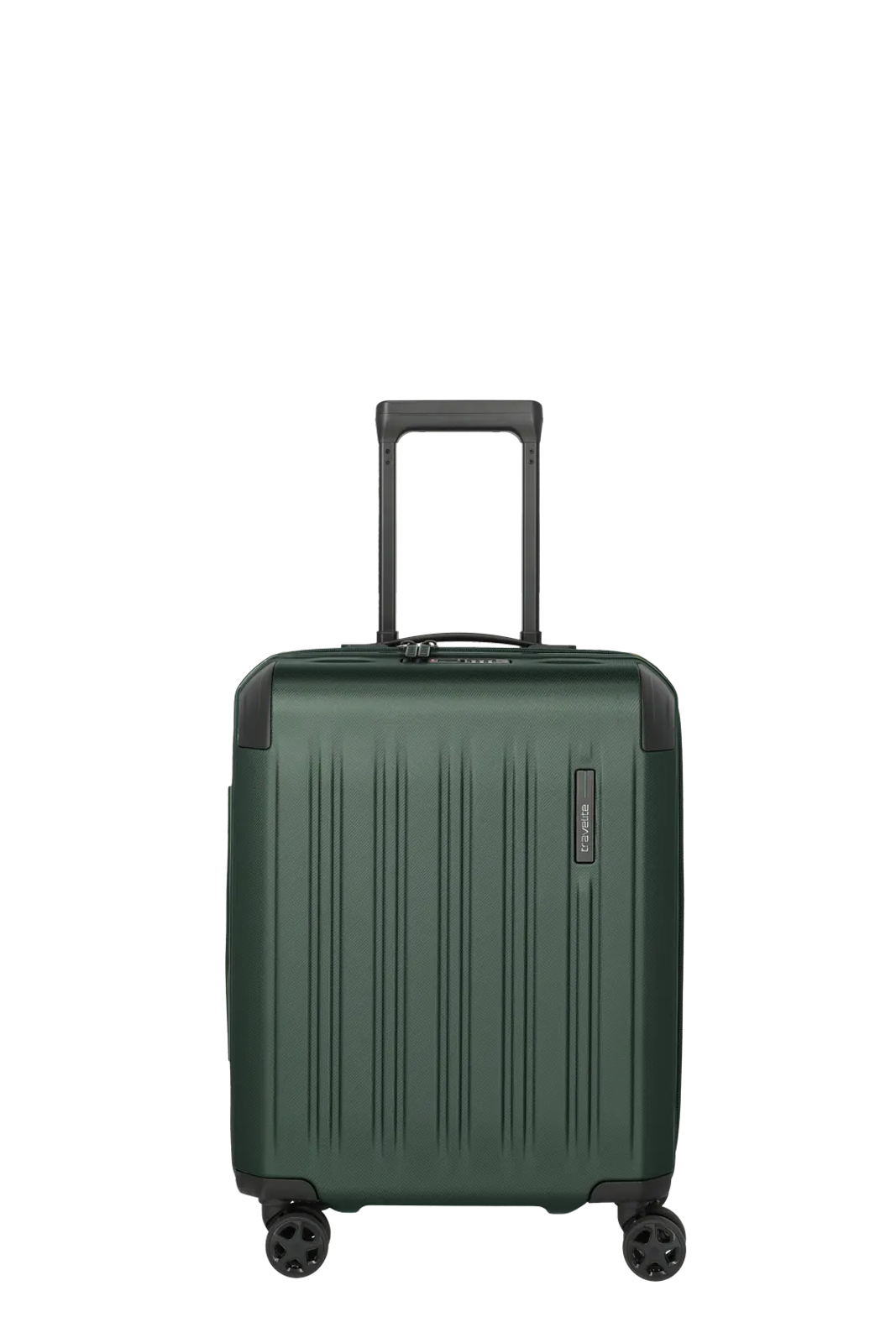Stabiler grüner Hartschalen-Trolley mit vier Rollen und Teleskopgriff – ideal für Reisen Grüner Koffer aus Hartschale mit vier Rollen und ausziehbarem Griff, frontal abgebildet