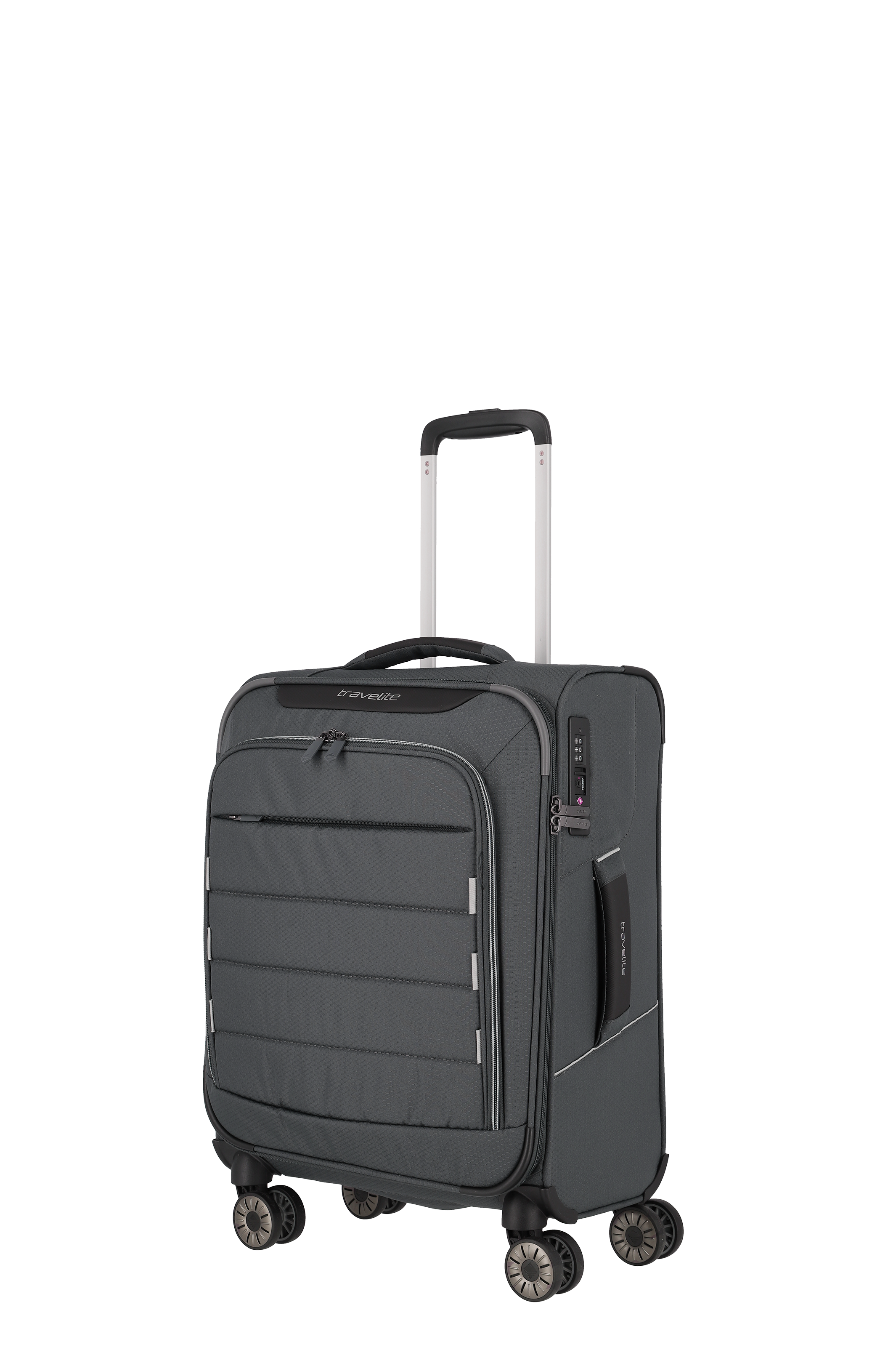 Grauer Handgepäck-Trolley mit vier Rollen und ausziehbarem Griff – ideal für Reisen
