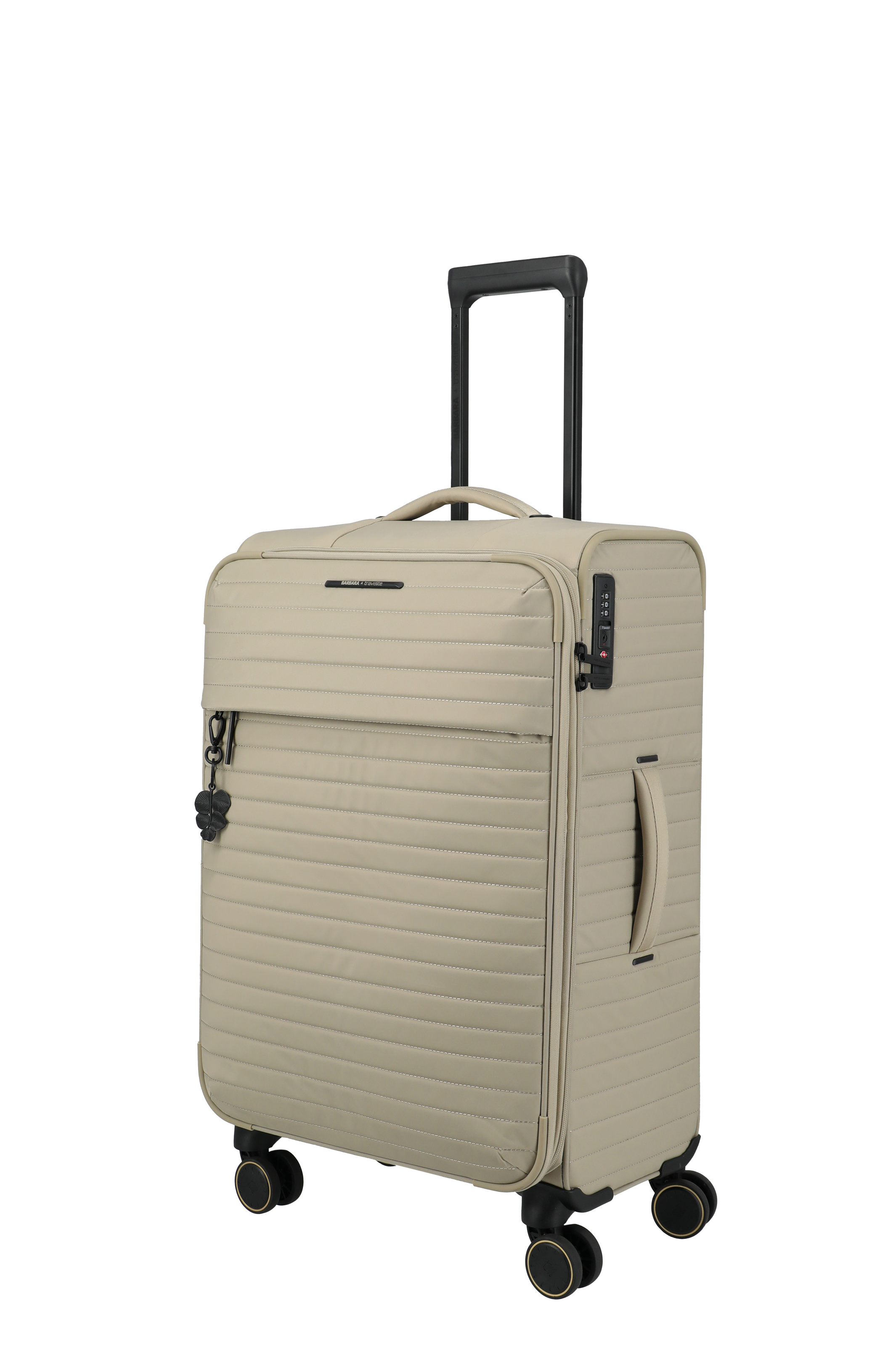 Beiger Weichschalen-Trolley mit vier Rollen und TSA-Schloss, leicht und robust – ideal als Reisekoffer